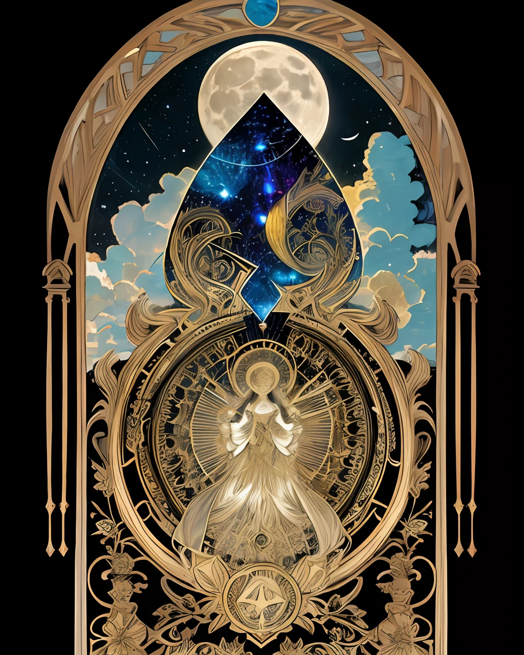 goddes,Hold a long knife in your hand,full bodyesbian,Flower frame,Decorative panels, abstract artistic, Alphonse Mucha (tmasterpiece, best qualtiy, A high resolution: 1.4), A detailed, Complicated details, 4K, Color splattering, Line art, Fibonacci, starrysky, natta, exteriors, Clouds, Reflectors, Eau, magick, (tarot cards),Cards, ((beautiful golden crystal star)) buliding, palaces, Patterned, Sumeru, Clouds, themoon