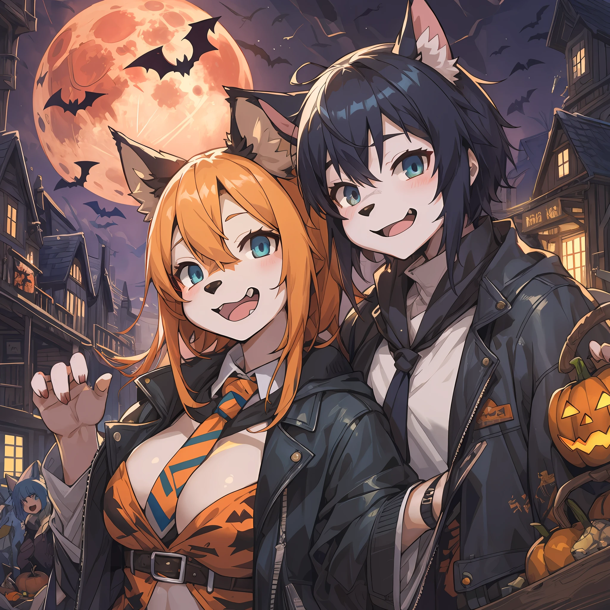 dynamic angle, top quality, best quality, High-quality illustrations, masterpiece, super high resolution, detailed background, detailed background, Stylish CD jacket, Halloween, red moon, wasteland, party, the bats, group shot:0.1, 6+boys, 6+girls, Happy, joyful, absurdres(highly detailed beautiful face and eyes)perfect anatomy(kemono, furry anthro),