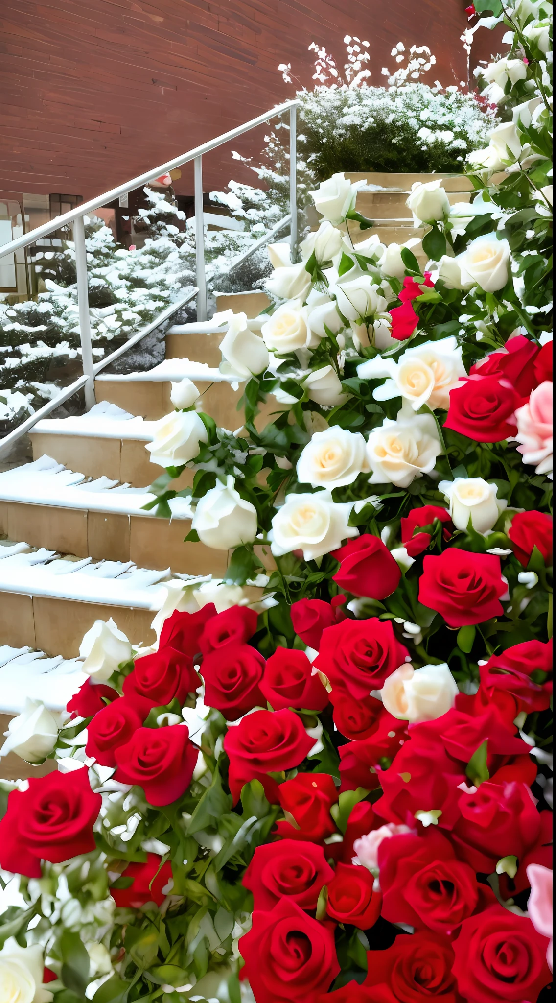 Many white roses and red roses grow on the steps, white and red roses, red roses at the top, of red and white colors, with snow covered colourful red, White roses, rosses, Beautiful composition, rosette, red and white flowers, author:Arthur Salkissian, with frozen flowers around her, beutifull, a few roses, stairway to heaven