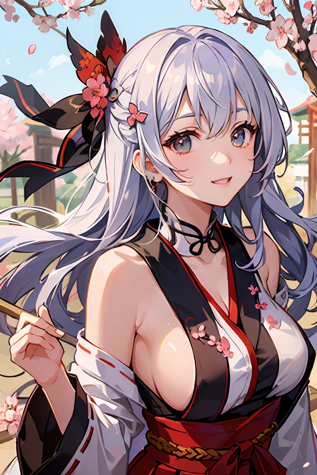 (masterpiece、top-quality、ultra-detailliert、rays of sunshine、电影灯光)、(Japan Anime、)、(Famous idol girls of Japan、)、(Posture like a goddess of Japan、shrine maiden、Priestess costume emphasizing white and red breasts、Red Hakama、)、(dishevled hair、white short hair、poneyTail、Cherry Blossom Hair Ornament、hair pin、)、Holding a bamboo broom、Look at viewers、A beautiful face that captivates the viewer、(Background of the precincts、)、Stand on the ground of pebbles、Floating hair、large full breasts、Beautiful breast slip、Shiny skin、the wind、beautifull hands、Beautiful Finger、An elaborate masterpiece、Intricate details、A detailed face、detailed hairs、Detailed red mouth、Detailed red cheeks、Smile of shame、Under the cherry blossoms with fluttering petals、