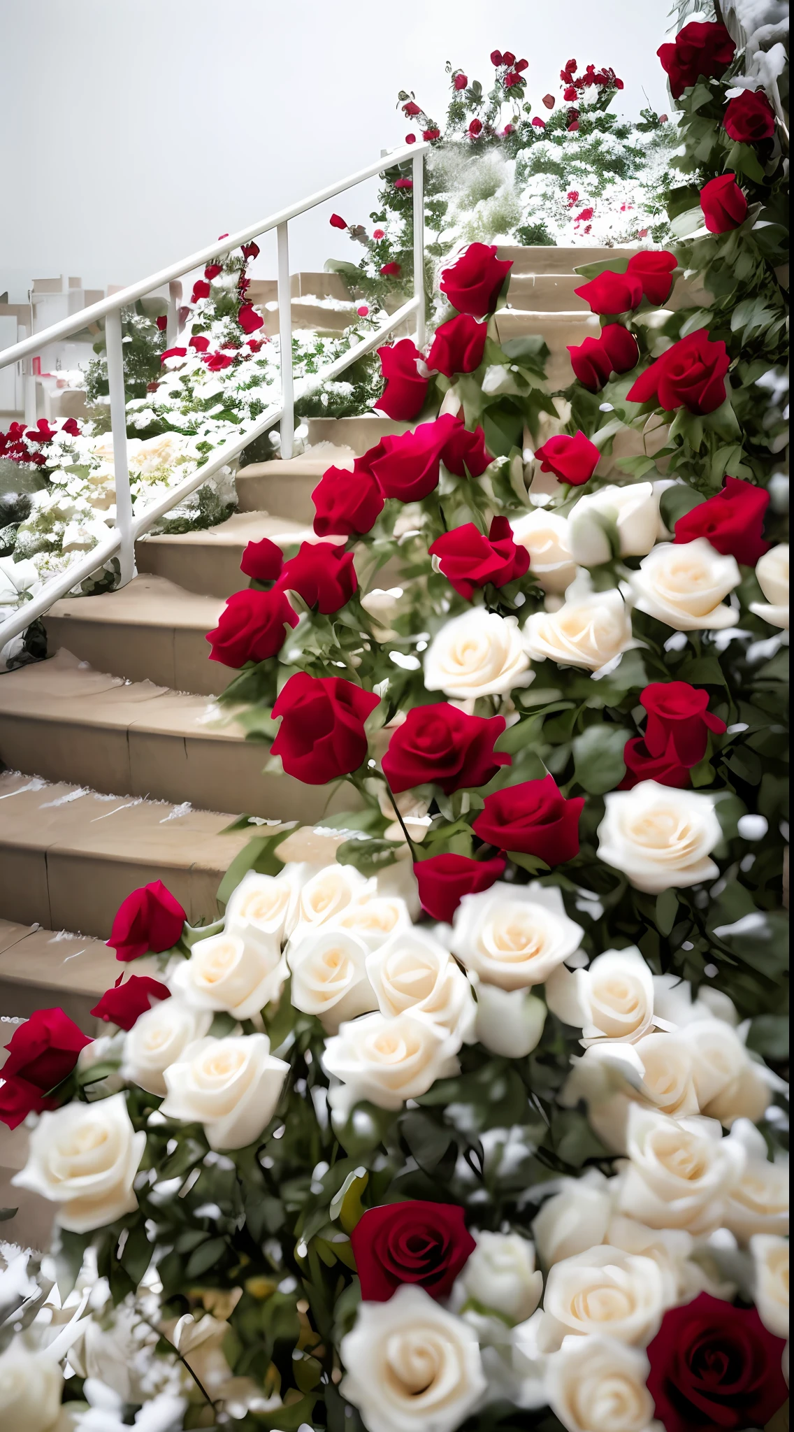 Many white roses and red roses grow on the steps, white and red roses, red roses at the top, of red and white colors, with snow covered colourful red, White roses, rosses, Beautiful composition, rosette, red and white flowers, author:Arthur Salkissian, with frozen flowers around her, beutifull, a few roses, stairway to heaven