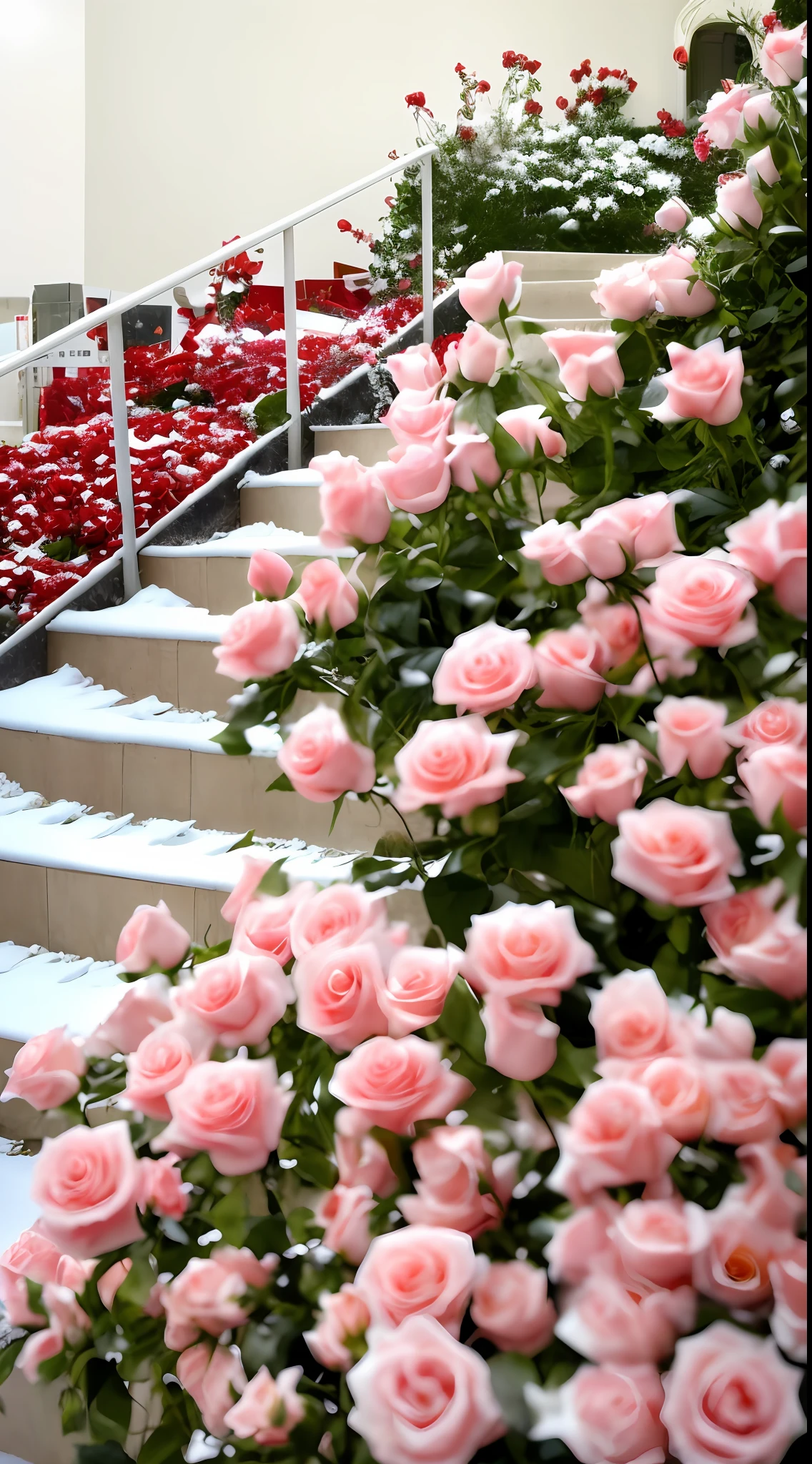 Many white roses and red roses grow on the steps, white and red roses, red roses at the top, of red and white colors, with snow covered colourful red, White roses, rosses, Beautiful composition, rosette, red and white flowers, author:Arthur Salkissian, with frozen flowers around her, beutifull, a few roses, stairway to heaven