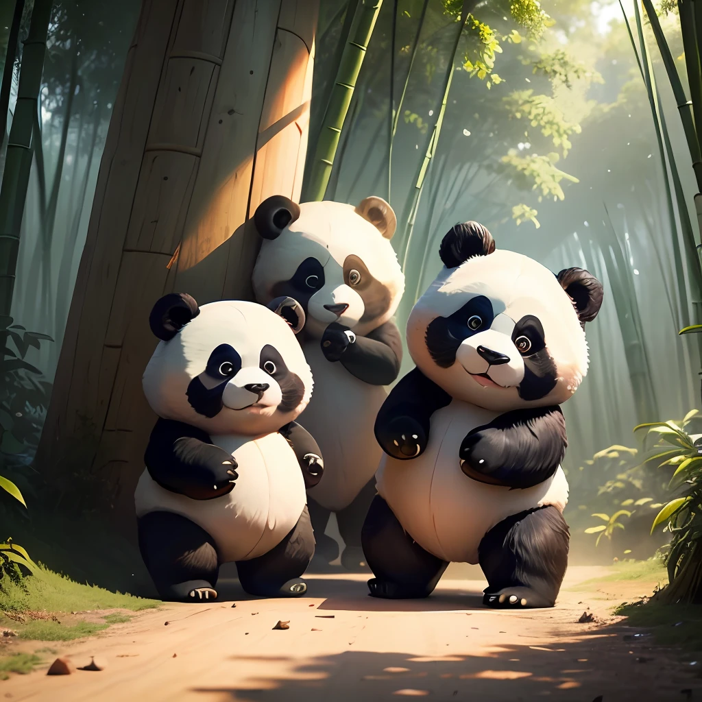 4K HD quality,Ridiculous scene details,A group of cute giant pandas in the bamboo forest,Moe,Had a lot of fun playing basketball,