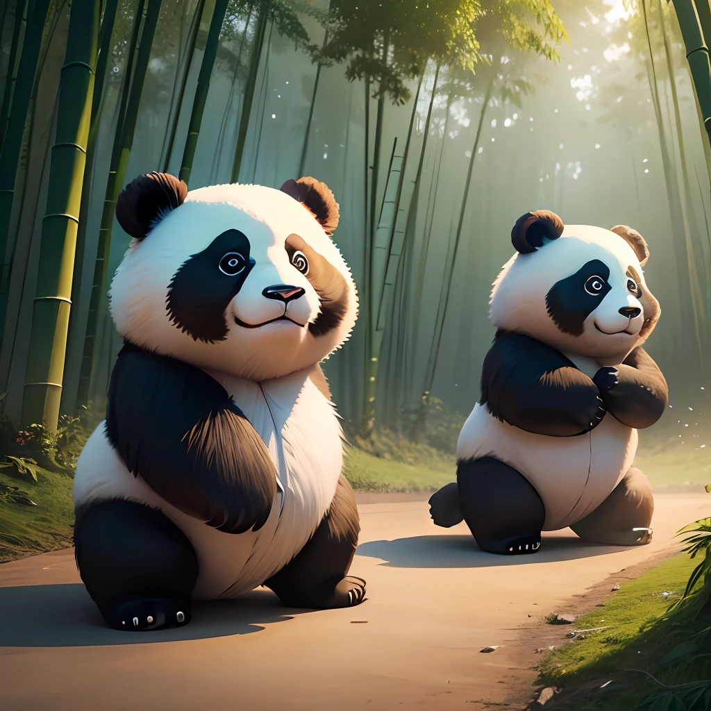 4K HD quality,Ridiculous scene details,A group of cute giant pandas in the bamboo forest,Moe,Had a lot of fun playing basketball,