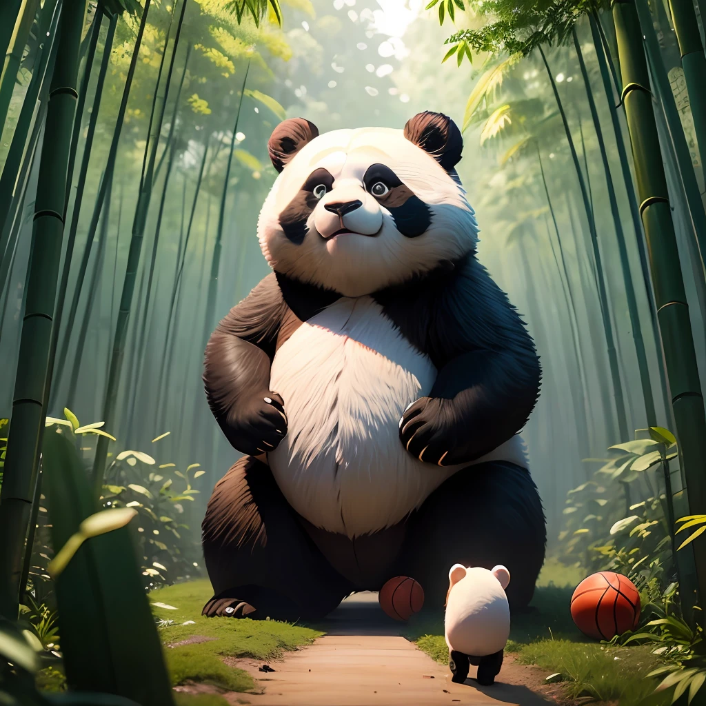 4K HD quality,Ridiculous scene details,A group of cute giant pandas in the bamboo forest,Moe,Had a lot of fun playing basketball,