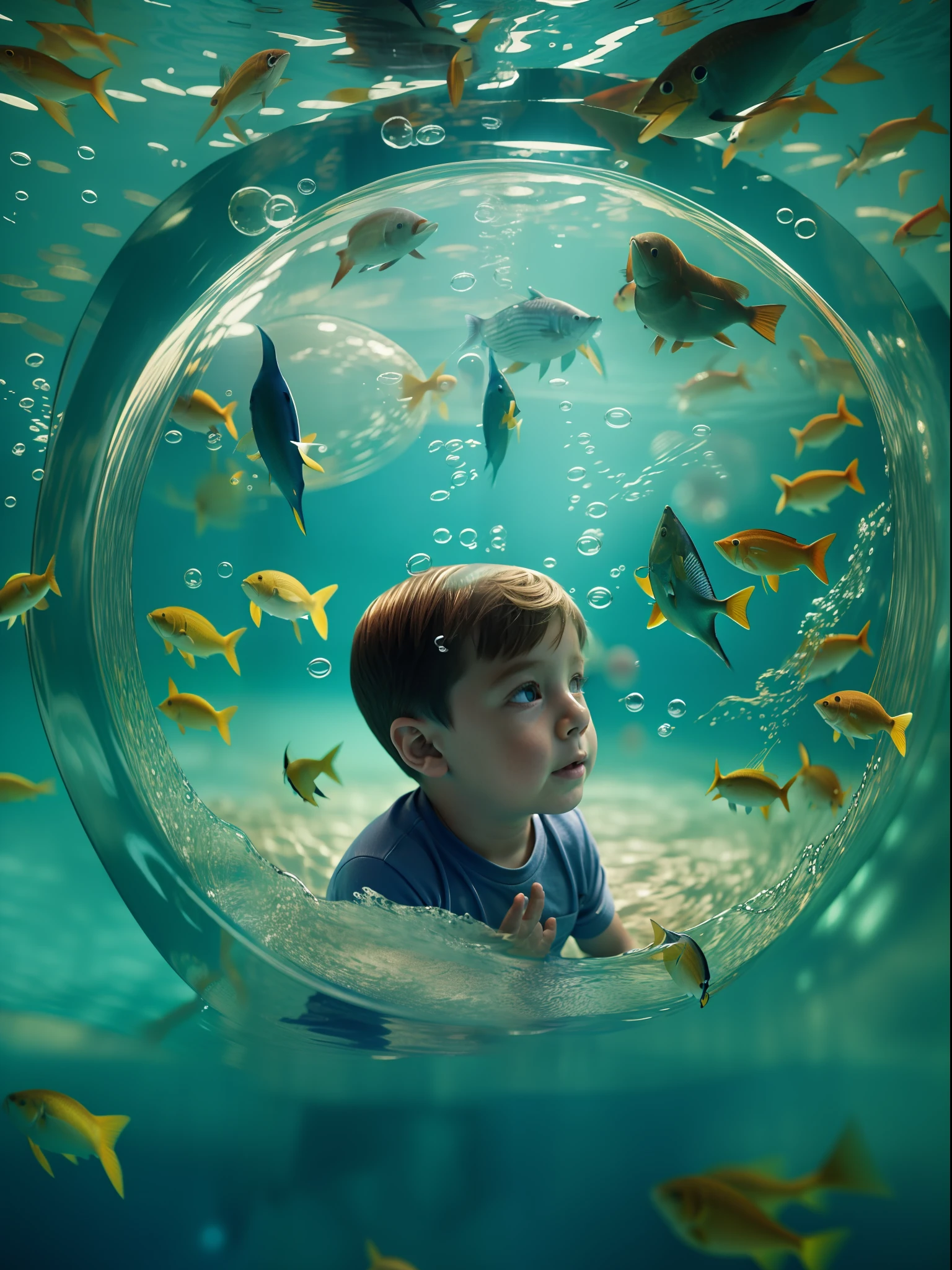 An underwater scene where fish fly and birds swim, in the style of Rene Magritte, A kid watches in wonder from his bubble, High key lighting,Liquid Bismuth,Underwater cave,Close-up shot of the kid amidst this surreal scene, Rendered by Alec Soth with unreal engine 5, Luminism, cinematic lighting, retina, textured skin, anatomically correct, best quality, award winning