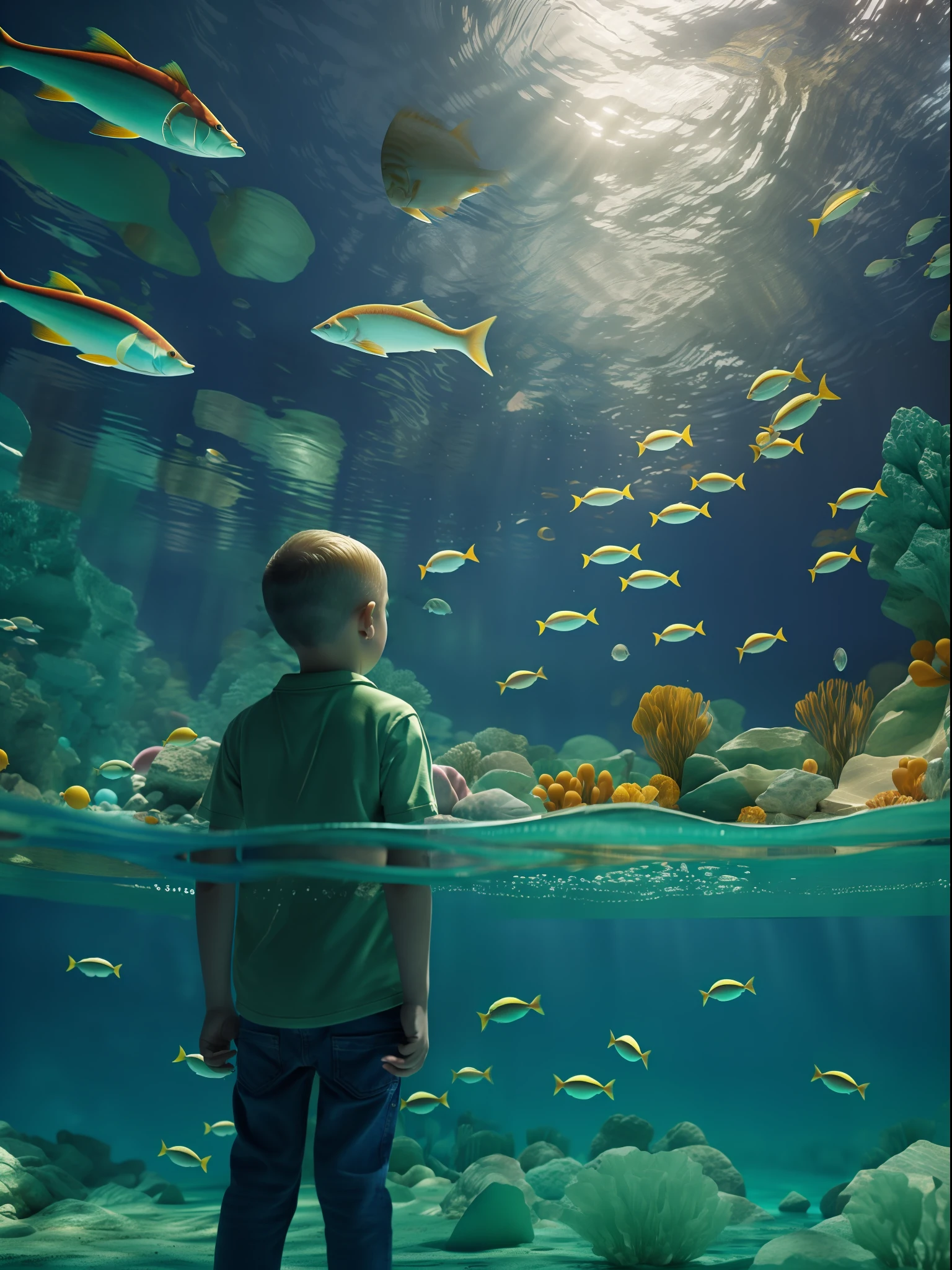 An underwater scene where fish fly and birds swim, in the style of Rene Magritte, A watches in wonder from his bubble, High key lighting,Liquid Bismuth,Underwater cave,Close-up shot of the kid amidst this surreal scene, Rendered by Alec Soth with unreal engine 5, Luminism, cinematic lighting, retina, textured skin, anatomically correct, best quality, award winning