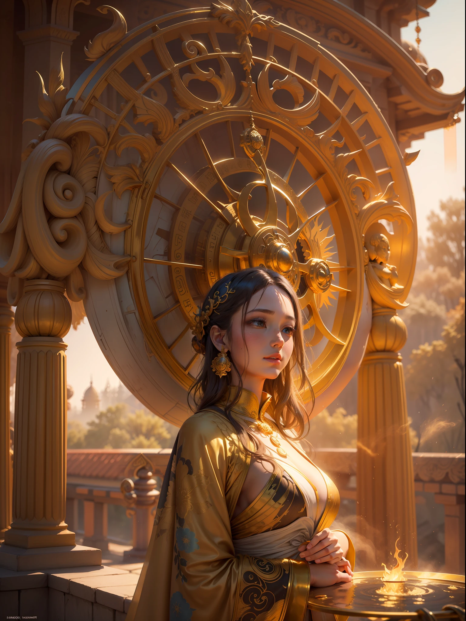 Picture quality:A masterpiece of high detail,8K,High resolution Body content:1girll,16 yaers old,Sideways position, Broad perspectives,wears a long robe,Glowing hair,long leges,Exudes an aura of majesty and wisdom,The golden Buddha statue Dharma wheel unfolds behind it,Behind him is the mysterious oversized golden wheel golden light,Countless glowing quicksand swirled around this figure,Divine sense top light,The feeling of being high,Background with:A dazzling paradise,enviroment:fanciful,full of sunlight,Buddha is full of light,utopian,The ethereal breath of the Holy Country bathed in the glow of the sky,Hopeful,Divine piety,mystical ambiance:Mysterious unknowable sense of light:sun light,Strong sunshine,Magic beam,The fantasy of the future world is intertwined with reality,Color:Infused with ethereal hues and luminous gold tones,White gold color,High purity color, composition:Ultra-wide angle composition,Faraway view, Style reference:Virtual Engine,The magical texture of red sparks,Chaotic real world