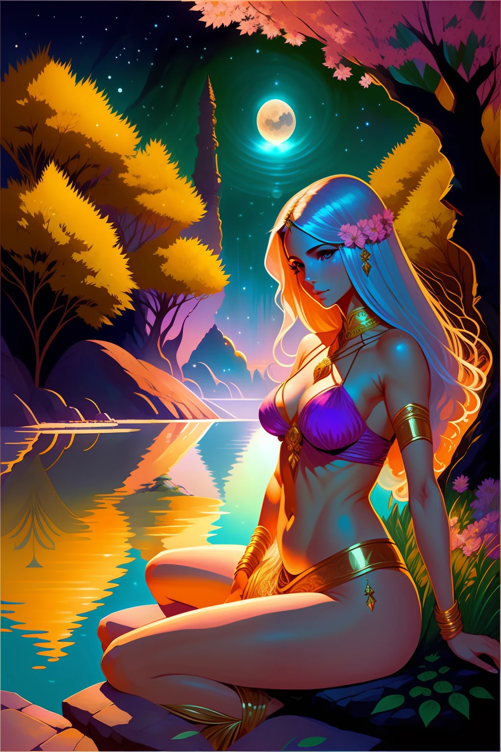 anime art of a man standing in a field with a giant moon in the sky, background art, jen bartel, quiet night. digital illustration, background art, lofi art, detailed sky, lofi art style, anime background art, anime sky, sky, night sky, in the style of dan mumford's artwork, anime background, colorful skies,((realistic: 1.5)),((best quality)), ((masterpiece)),((detailed)), (1girl), {a beautiful woman in a Sari}, full body,super wide angle lens, focus facial, young girl, sexy, toned muscles, long legs, female curves, barefoot, firm breasts, open neckline, beautiful breasts with pink peeps, thick thighs, wide hips, slim legs, green eyes, long platinum and gold hair, flowing hair, long eyelashes, (detailed face, beautiful eye, detailed pupils, detailed clothing features, dark background: 1.3), (Bindi, Jhumkas: 1.3), (Armlet, Haar, Payal, Maang Tikka, Jhumkas, Kamarband, Bangles: 1.3 ), mysterious ancient ruin, lush forests, deep canyons, bridge, river, cliff, cloud, lakes, rock, waterfalls, flowers, grass, fog, vine, tree, smoke, best shadow, bright details, sharp, perfect composition, Intricate ,sharp focus,dramatic,by Frank Frazetta,by Julie Bell,by Olivia De Berardinis,by Luis Royo,by Boris Vallejo,(specular lighting:1.3),rim light,princess playing with water,river bank,royal undergarment skimpy, random true color, lying on the ground, thirsty face, erotic face, parted lips, almost naked, slipped down underwear, fog, floating antique clock, lamp and lantern, night light, visible public fairness, visible breasts, breasts small and firm, beautiful small breasts with pink breasts, transparent clothes wet with water, mandala and flower tattoos, slight smile, sensual gaze, provocative gaze, waterfall, garden with pond, sitting girl with open legs, open legs, visible vagina , skin wet with water, beautiful caucasian girl, long platinum and gold hair, floating antique clock,