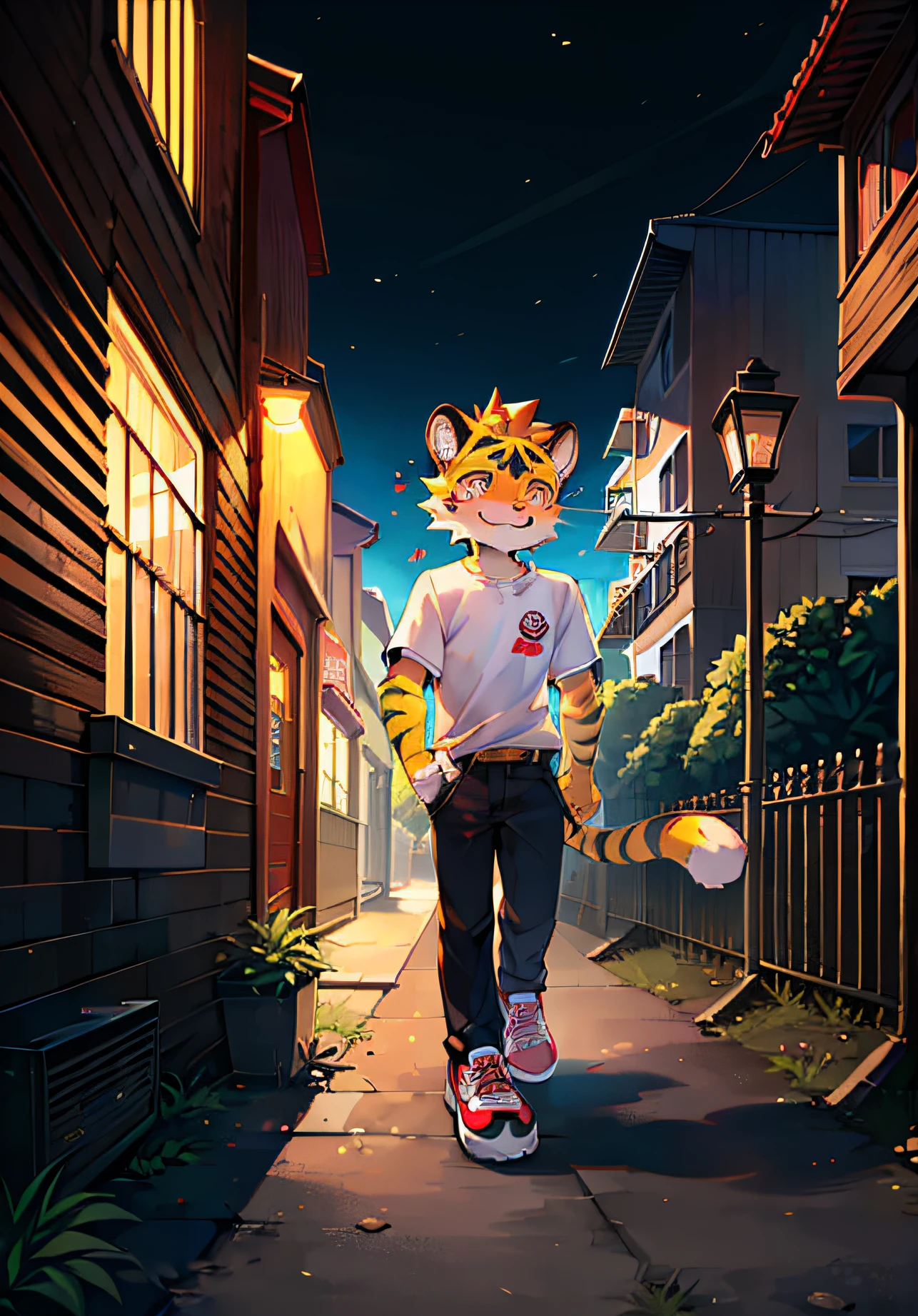 tigre，schoolboy，Cubs，Fluffy，largeeyes，Big head，Walking upright，male，boy，White T-shirt，Black pants，Telematic shoes，On the run，夏天，In the park，Hairless，All over fluffy，Cute face，Meat paws，Cut headphones