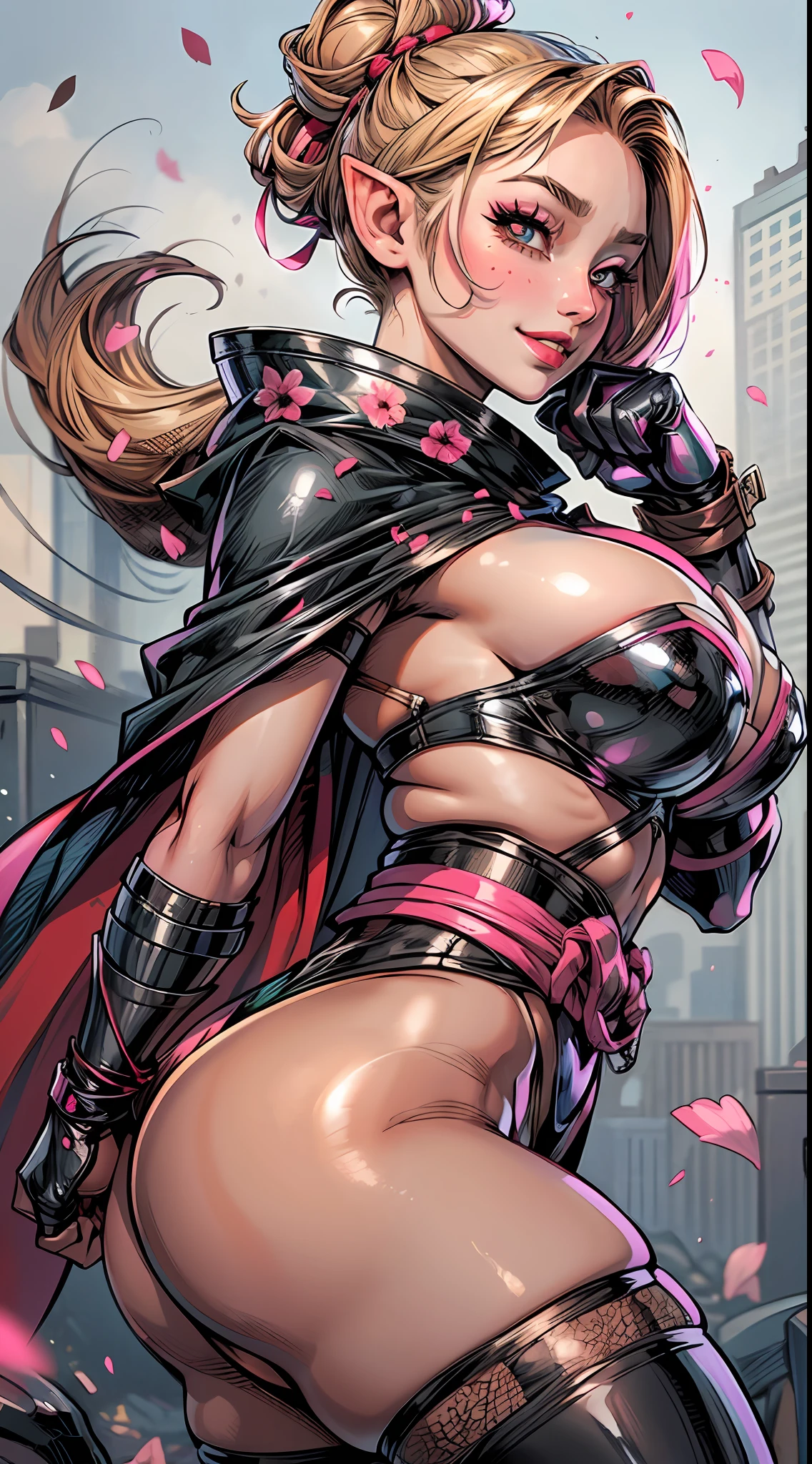 Elven ninja, fantasy, black gauntlets, black tabi, butt cape, blonde hair, smiling, daggers, action pose, black ninja haori, busty, delicate, soft features, beautiful detailed face, shiny skin, elegant, beautiful, messy bun, thick thighs, large ass, huge breasts:1.3, upper body, thick, skindentation, full lips, black eyeliner, mascara, pink blush, elegant makeup, kunoichi, shinobi, red and black accent streaks, Sakura petals