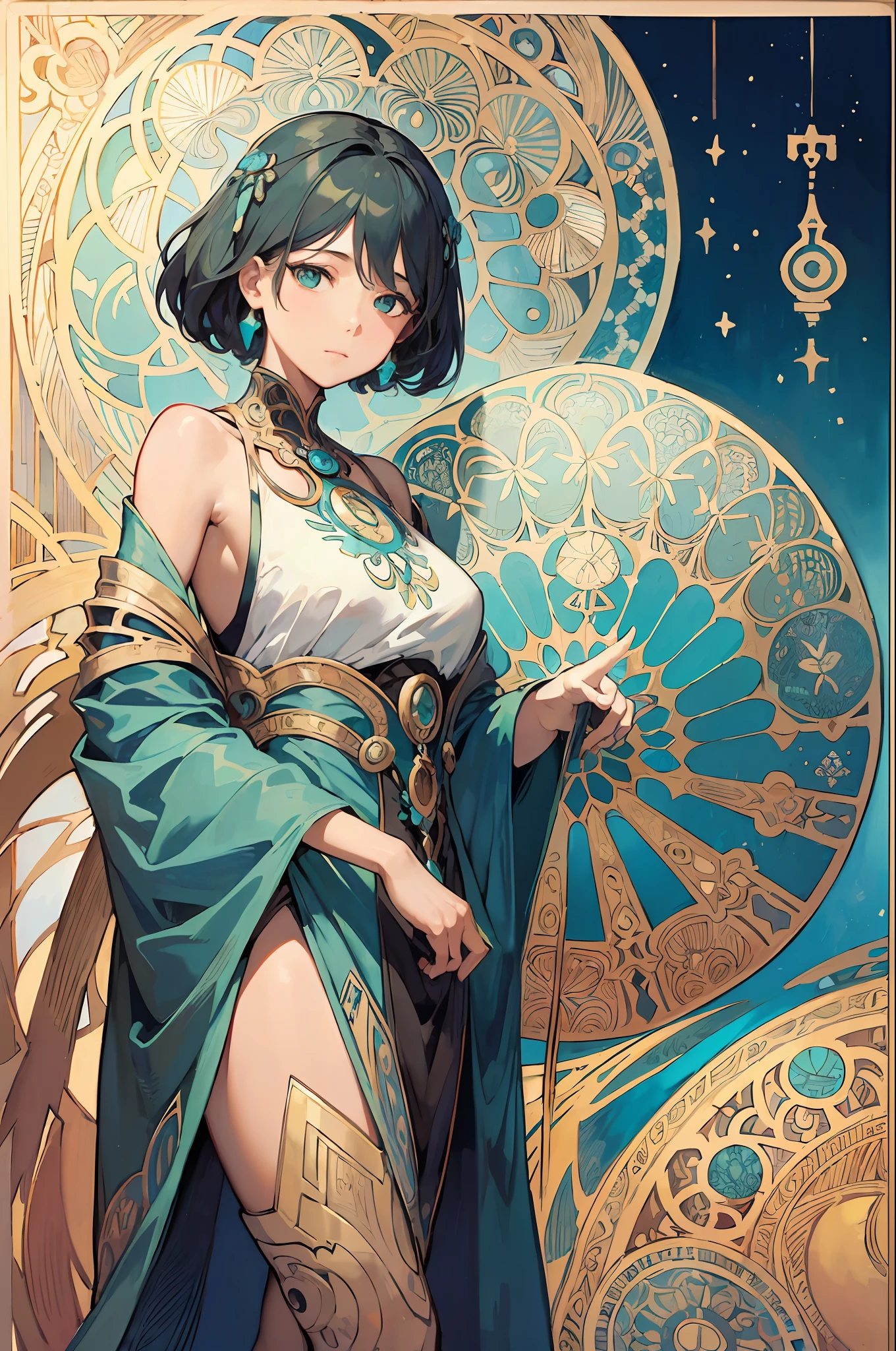 Anthropomorphism of turquoise、adult lady、Frame Turkey、Decorative panel、abstract  art、By Alphonse Mucha (​masterpiece、top-quality、hight resolution: 1.4)、More about realism、intricate-detail、4K、color splashes、line-drawing、Fibonacci、Tarot Cards