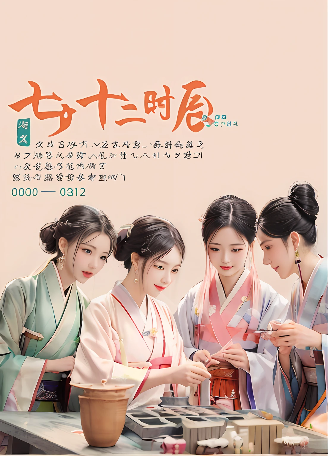 Three women dressed in Hanfu fiddle with handicrafts at the table,Gorgeous Hanfu,long whitr hair,Delicate earrings