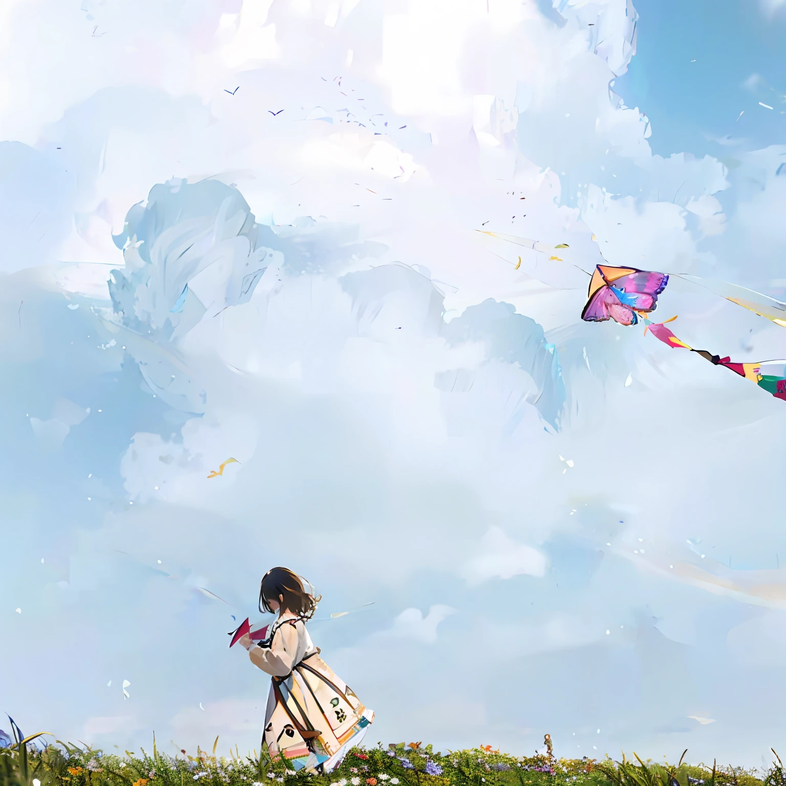 There is a woman flying a kite in the sky with a butterfly-shaped kite, kite, flitting around in the sky, girl clouds, wallpaper - 1 0 2 4, Magic in the air, absolutely outstanding image, um dia ensolarado, On a sunny day, beautiful fine sky, enjoying the wind, fly in sky, high quality upload, wonderful day out