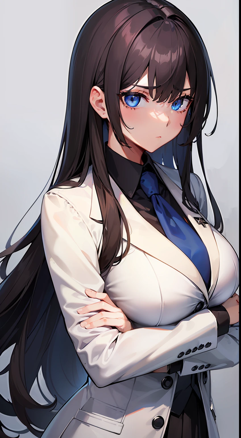​masterpiece、top-quality、hight resolution、profetional lighting、anime styled、Details of the face and clothes、Single-color background 、1womanl、Upper body shot from the front、((High school girl standing facing the front))、(Mature face and body)、Turn your face and look straight ahead、(Breasts are big、Wearing a white blazer、Wear a white jacket with long sleeves over a black shirt、Loosely fasten a dark blue tie、Short black pleated skirt、Fully open the front of the jacket、鎖骨、Open the neck of the shirt、Casual dressing :1.1)、(blue eyess、Hanging eyes、Mole under the eyes、hair messy、Brown hair、Bangs parted in the middle、Long side hair :1.2)、closes mouth、Cross your arms、sulky face、Bad pupils