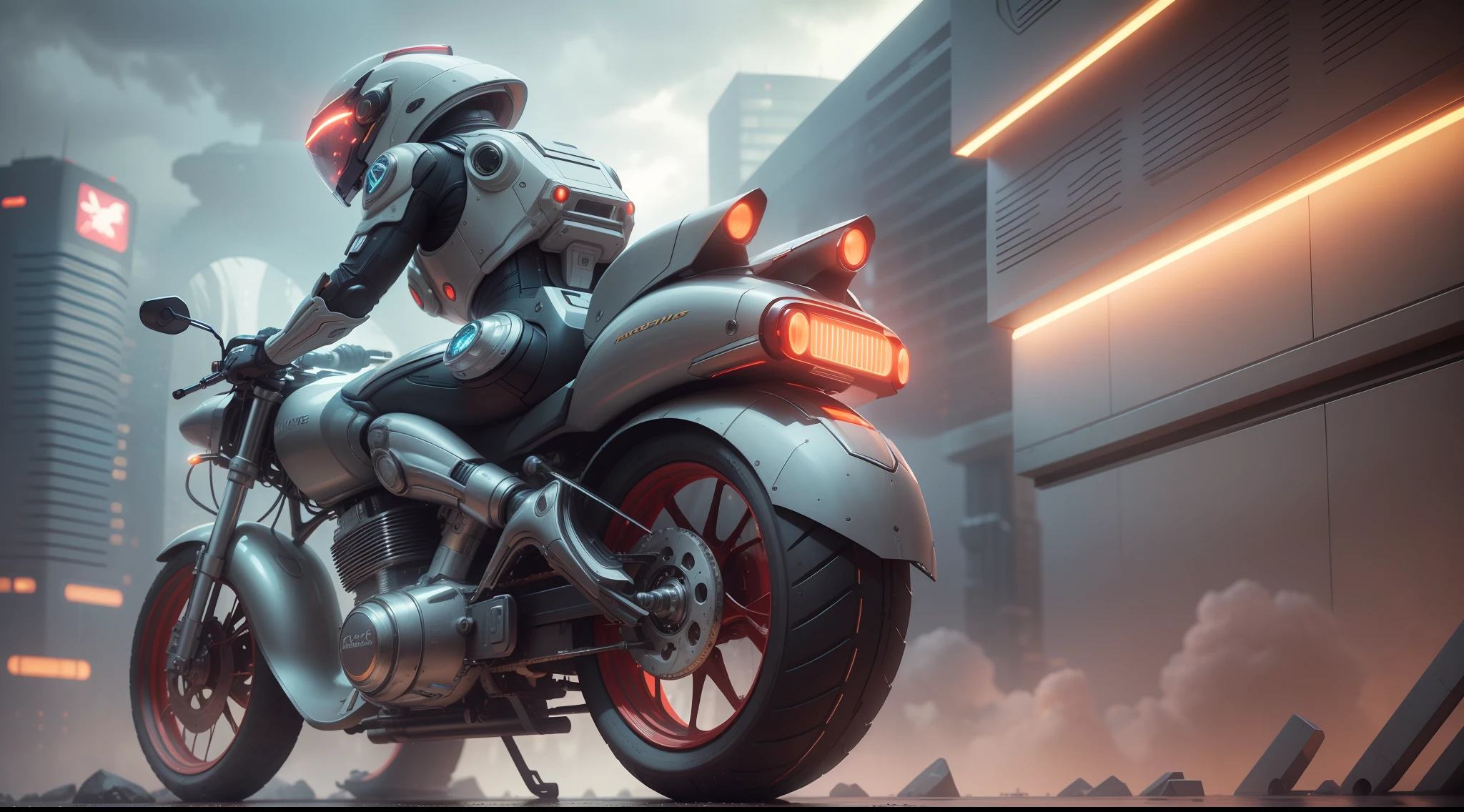 maximum quality, photorealism, 8k, film, high resolution, woman, 8k, perfect face, 8k, intricate details, bright eyes, intricate details, riding a futuristic flying motorcycle, 8k, with a laser gun on his back and spacesuit with neon lights, 8k, next to a giant red, silver and gold robot, maximum quality, 8k, background of a futuristic city, sinuous buildings, metal, glass, concrete, dramatic light, fog, rain, water, view from below, general plan, medium depth of field, lomography, neon, maximum quality, beautiful, masterpiece, photorealism, 8k, realistic texture high resolution, film grain, film, cinematic