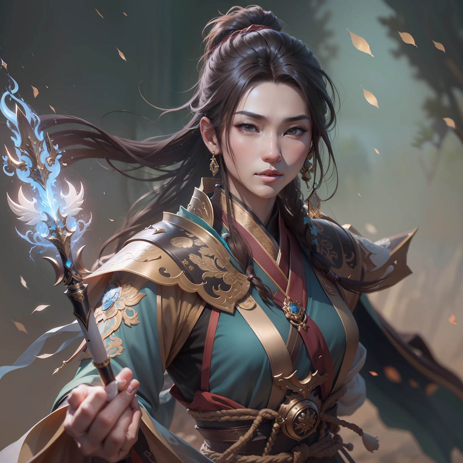 a close up of a man in his 30's, with brown eyes and brown hair, wearing a desert themed outfit, fighting using a staff, fighting using the power of lightning, a hero in wuxia style, with brown eyes, martial artist holding a staff, standing in a chinese monastary, new costume concept design, in the style of blade and soul, full body character concept, detailed character design, inspired by Yang Jin, inspired by Li Mei-Shu, chinese costume, inspired by Lan Ying, inspired by Sim Sa-Jeong, inspired by Li Tang, lunar themed attire, costume with blue accents, inspired by Ju Lian, colored concept art, highly detailed character design, highly detailed face, inspired by Ai Xuan, very highly detailed face, unreal engine render, final fantasy 14 style, inspired by Leng Mei