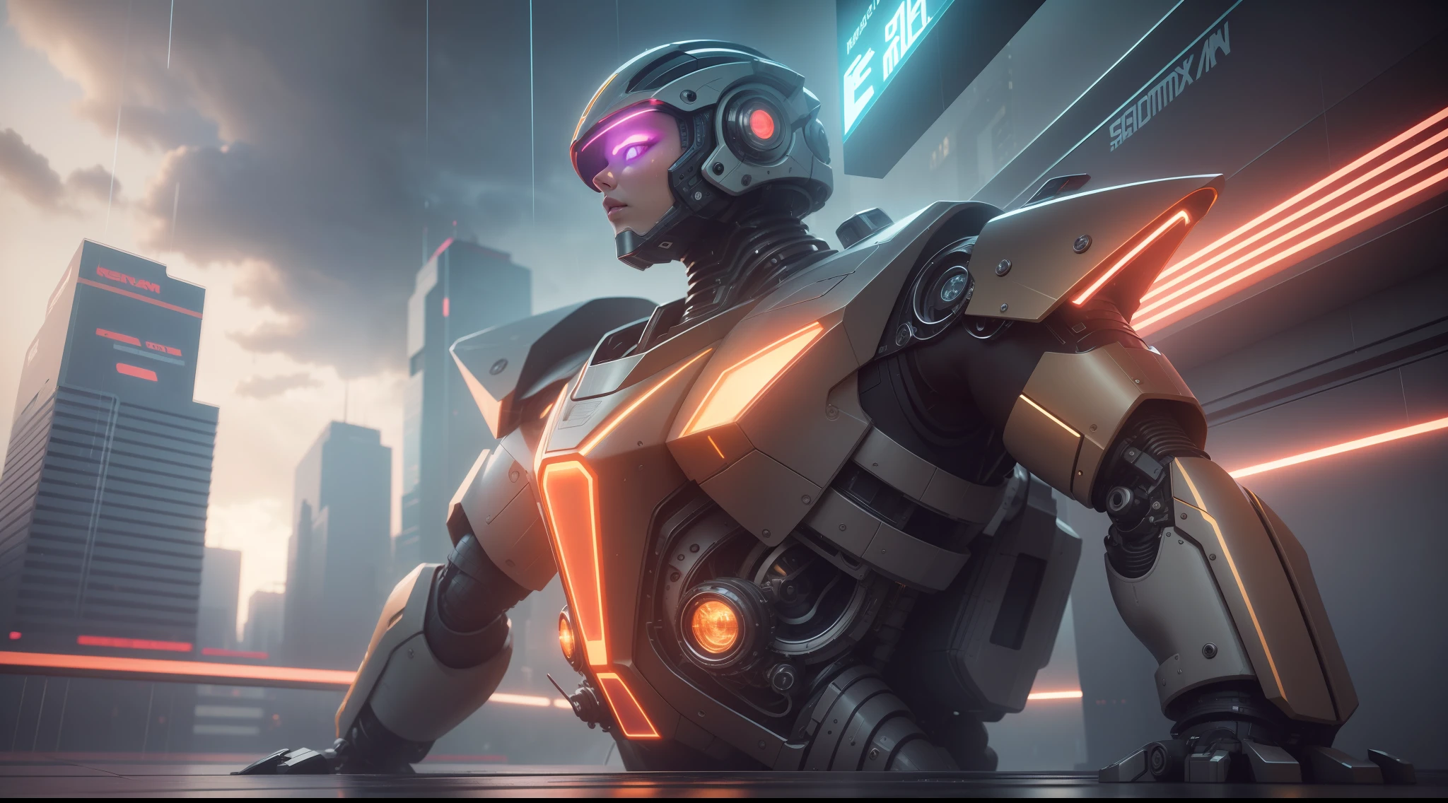 maximum quality, photorealism, 8k, film, high resolution, woman, 8k, perfect face, 8k, intricate details, bright eyes, intricate details, riding a futuristic flying motorcycle, 8k, with a laser gun on his back and spacesuit with neon lights, 8k, next to a giant red, silver and gold robot, maximum quality, 8k, background of a futuristic city, sinuous buildings, metal, glass, concrete, dramatic light, fog, rain, water, view from below, general plan, medium depth of field, lomography, neon, maximum quality, beautiful, masterpiece, photorealism, 8k, realistic texture high resolution, film grain, film, cinematic