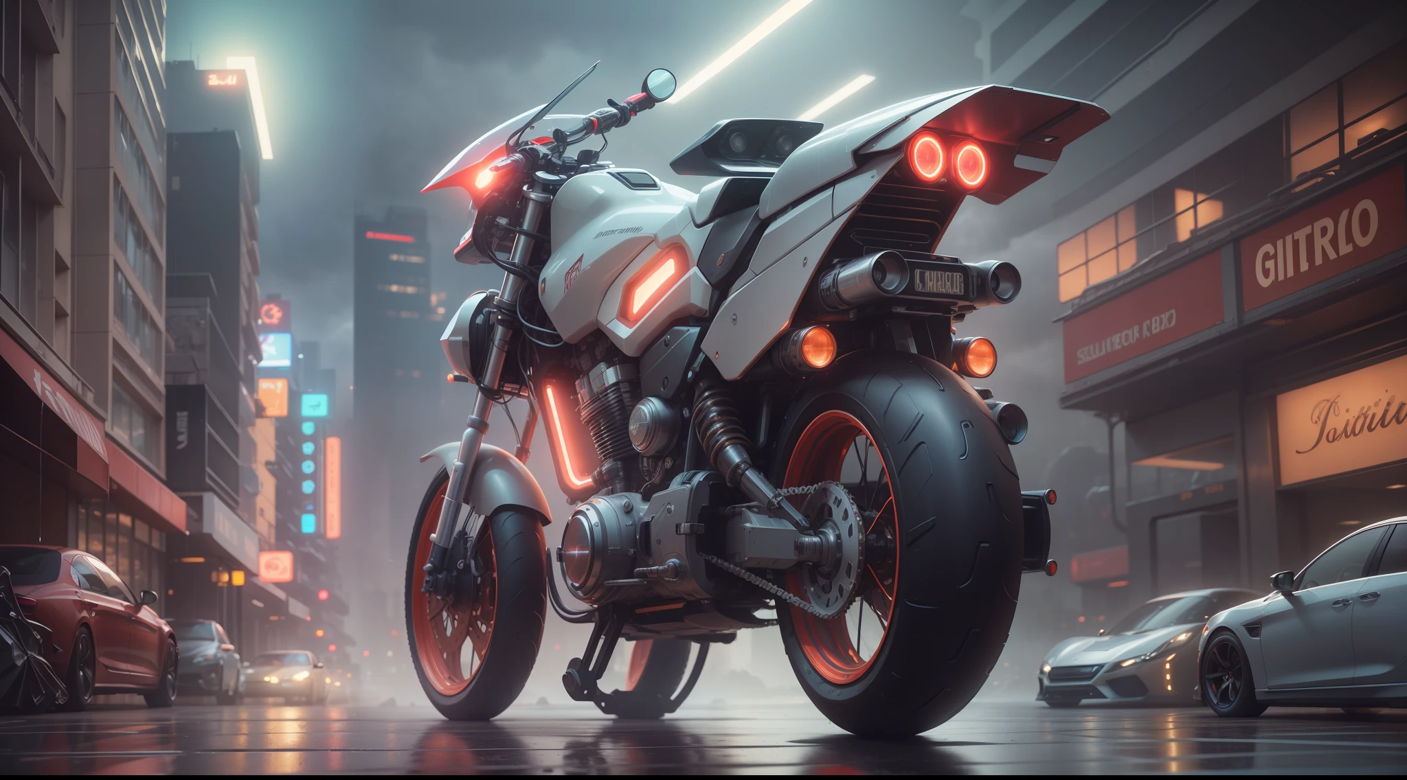 maximum quality, photorealism, 8k, film, high resolution, woman, 8k, perfect face, 8k, intricate details, bright eyes, intricate details, riding a futuristic flying motorcycle, 8k, with a laser gun on his back and spacesuit with neon lights, 8k, next to a giant red, silver and gold robot, maximum quality, 8k, background of a futuristic city, sinuous buildings, metal, glass, concrete, dramatic light, fog, rain, water, view from below, general plan, medium depth of field, lomography, neon, maximum quality, beautiful, masterpiece, photorealism, 8k, realistic texture high resolution, film grain, film, cinematic