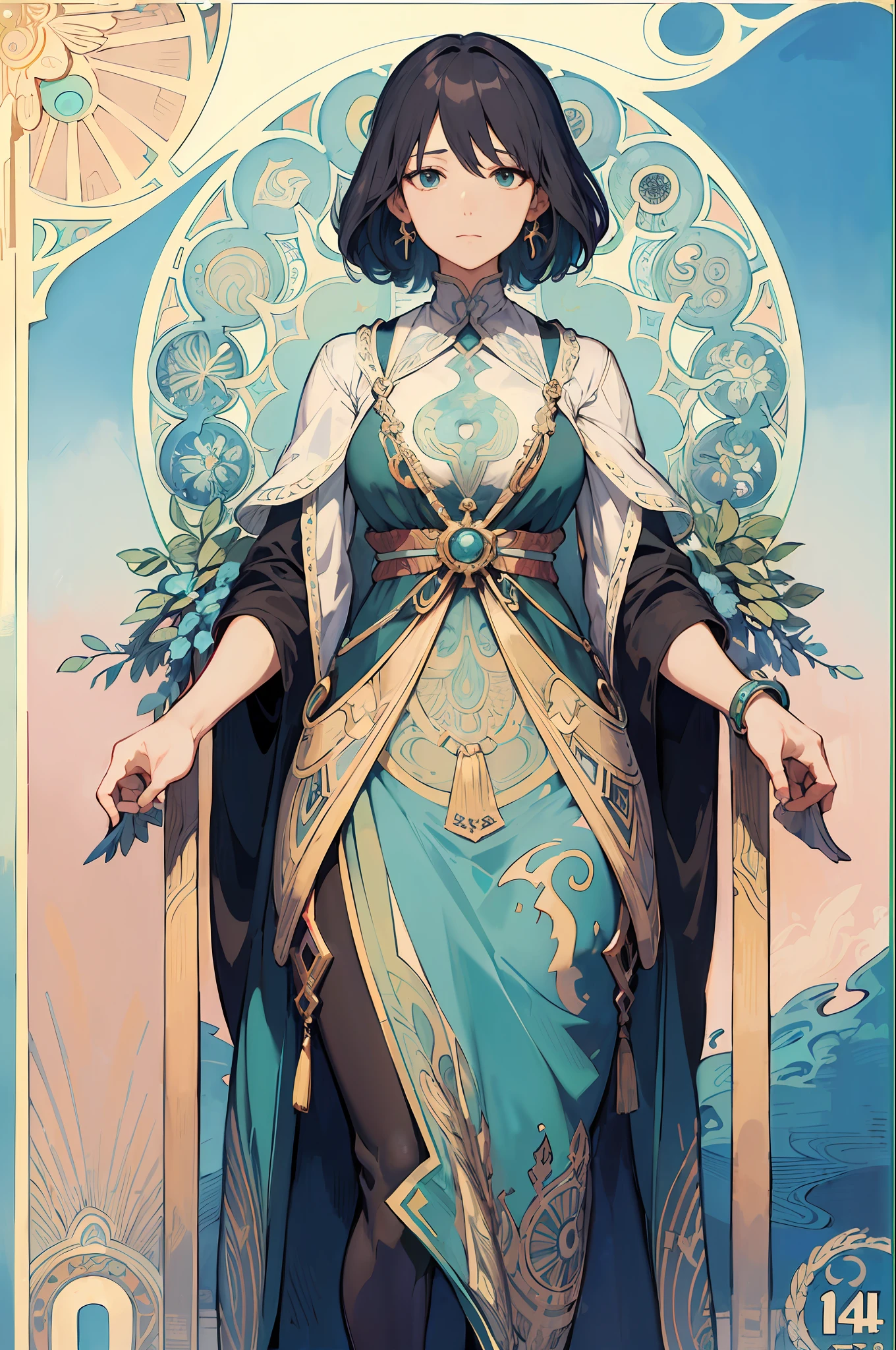 Anthropomorphism of turquoise、adult lady、Frame Turkey、Decorative panel、abstract art、By Alphonse Mucha (masterpiece、top-quality、hight resolution: 1.4)、More about realism、intricate-detail、4K、color splashes、line-drawing、Fibonacci、Tarot Cards