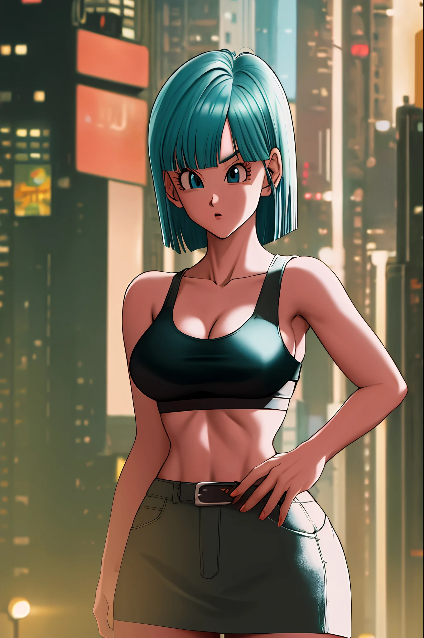 masterpiece, best quality, highres, dragon ball, blmmid, ((aqua hair)), medium hair, blunt bangs, red hair band, ((white bra)), black skirt, cowboy shot, in a Cyberpunk city, bustling with neon signs, standing, upper body, ((large breasts)), great hips,