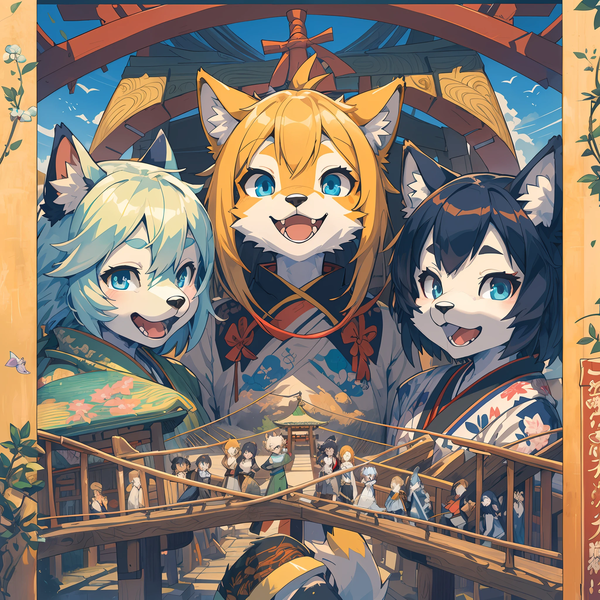 dynamic angle, top quality, best quality, High-quality illustrations, masterpiece, super high resolution, detailed background, detailed background, Stylish CD jacket, Japanese rock, torii gate, group shot:0.1, 6+boys, 6+girls, Happy, joyful, absurdres(highly detailed beautiful face and eyes)perfect anatomy(kemono, furry anthro),