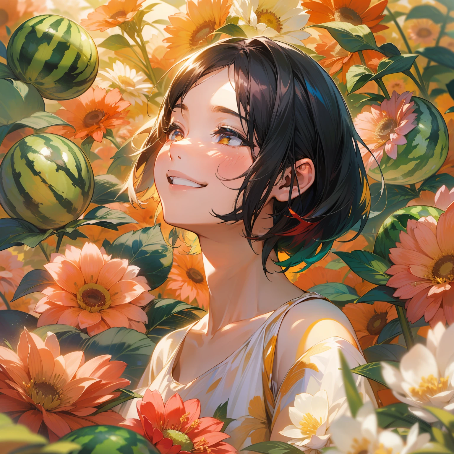 In a beautiful landscape with the rising sun、This is an 8K ultra-high definition illustration depicting a young woman smiling happily in the glowing sunlight.。She flowers colorful々Standing in a vast flower field colored with、In elegant pose holding a swimsuit with a bright watermelon cut in his hands。

In the background, the sky with the rising sun and a spreading flower field are depicted.、Beautiful colors and breath of nature are felt.。Sunshine shines on the flower garden、florals々The colorful glow brightly illuminates the surroundings。

The young woman who is the subject is、In a short bob with black hair、The inner color is dyed colorfully.。Her smile is illuminated by the morning light、The happy expression is attractive。She lifts a cut of watermelon with both hands、Expressing gratitude to the sun。

Flower garden々Kinds of flowers々Blooming profusely、They create a fantastic atmosphere around her。The birds' singing echoes in the wind、Adds more beauty to the morning silence。