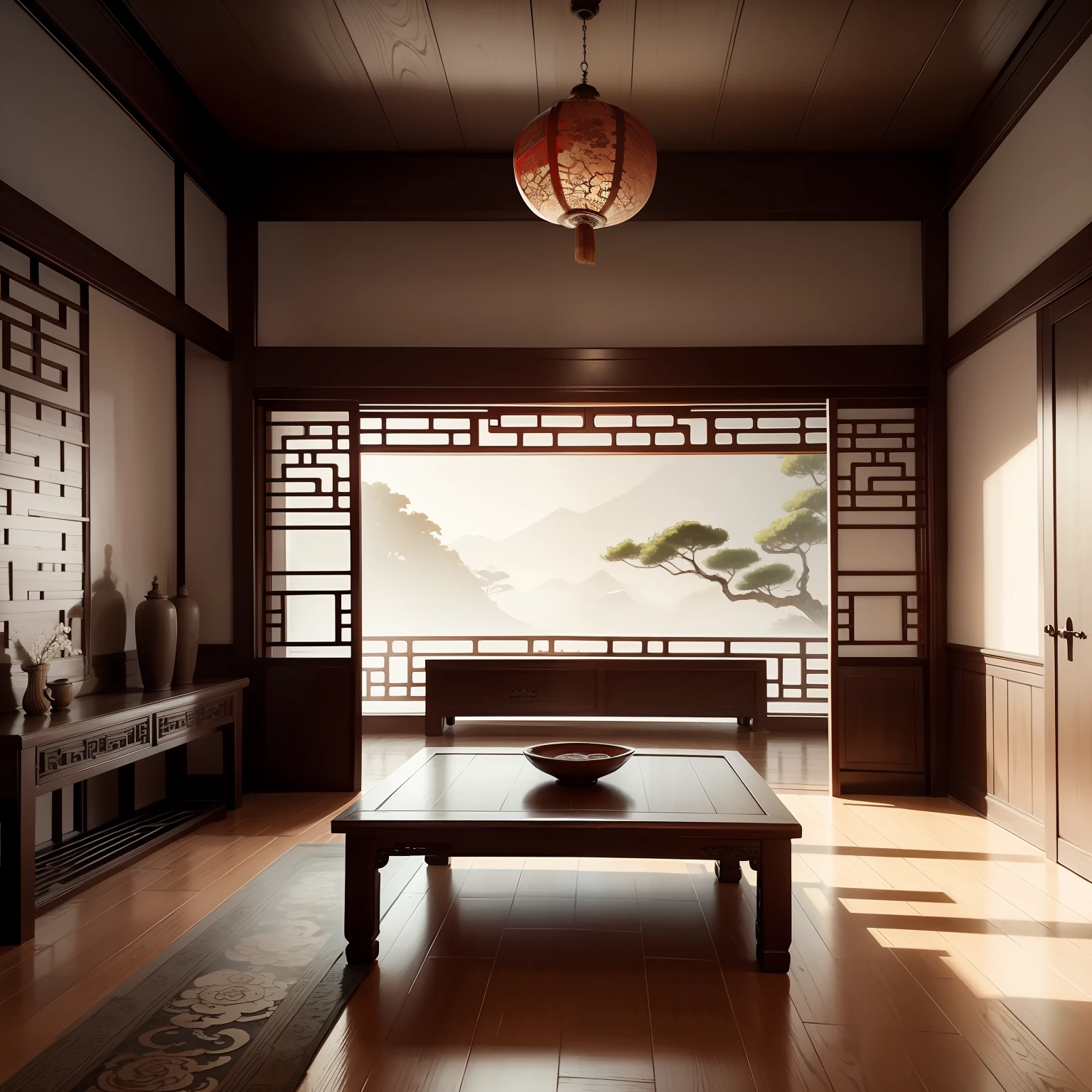 Interior view of ancient Chinese architecture，Antique furniture，Ink painting style，Clean colors，Leave white space，impressionistic，high qulity