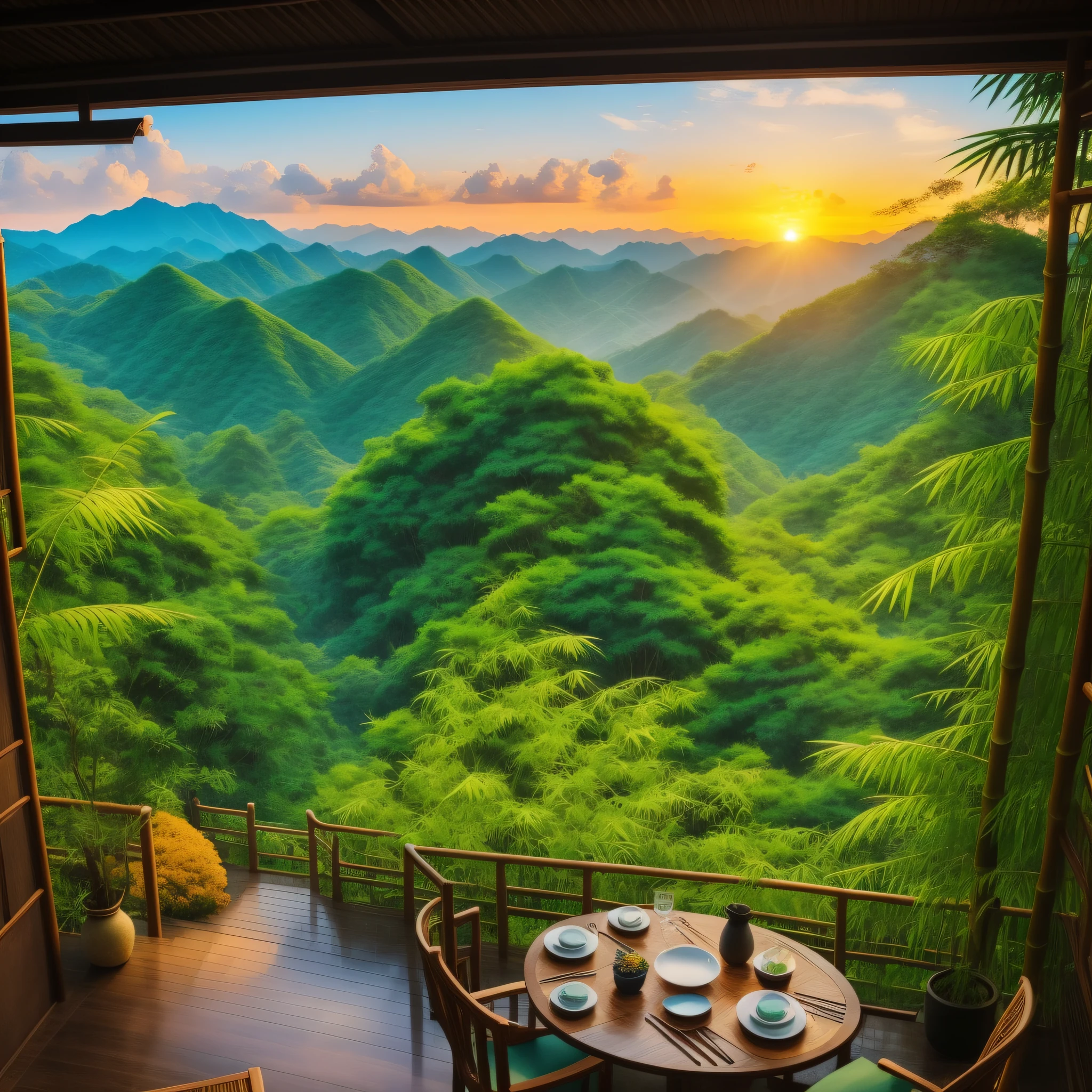 Pure landscape view，vale、Independent Takeya、Sunset Villa、It was raining in the bamboo forest、bamboos、Bamboo leaves fall everywhere、Heal the beautiful landscape。evening light、Beautiful artistic conception、the sunset、precipice、Emerald green beauty、Clearly visible small fish