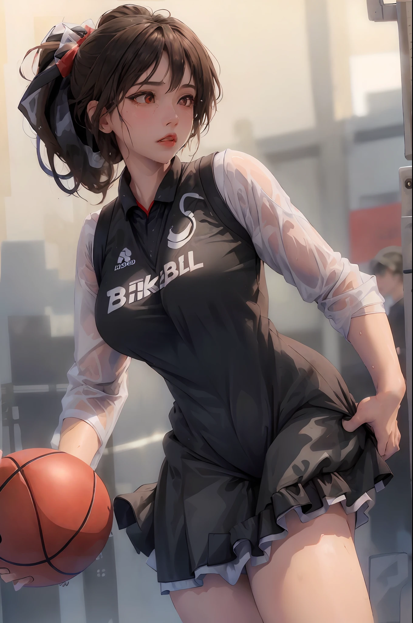 Masterpiece: 1.2, best quality), realistic, (real picture, rich details details, depth of field), (1girl, solo), makeup, cleft lip, high detail, perfect face shape, (big breasts: 1.4), (skindentation), thick thighs, wide buttocks, Thin waist, tall, coral, red lips, red eyes, ponytail, (((((basketball girl, transparent black basketball suit)))), (sweat: 1.2), (wet), sexy, blushing, sweaty