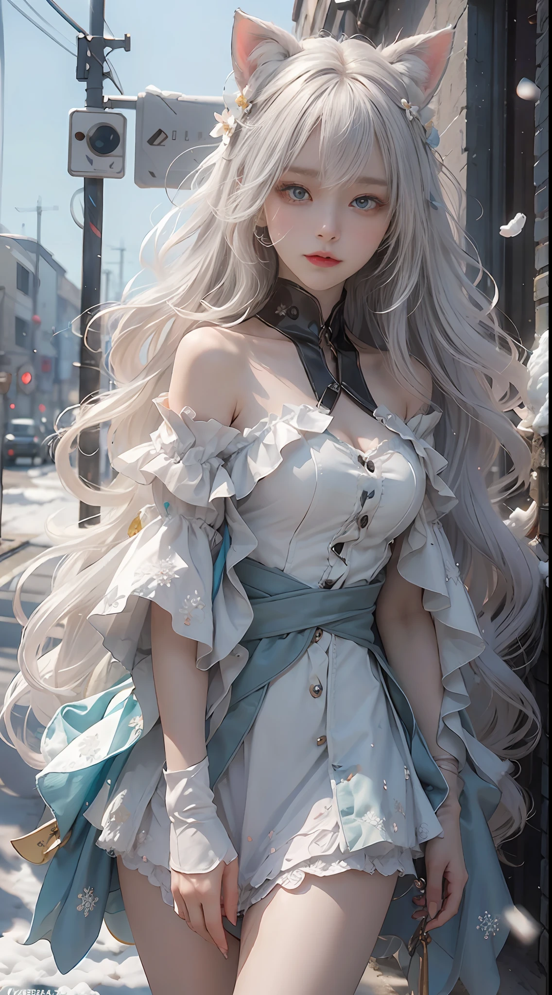 ((best qualtiy)), ((tmasterpiece)), (detail:1.4), Beautiful cyberpunk Japan woman image,sixteen years old, nffsw(HighDynamicRange),Ray traching,NVIDIA RTX,Hyper-Resolution,illusory 5,Sub-surface scattering,PBR Textures,post processed,Anisotropy Filtering,depth of fields,maximum definition and sharpness,multi-layer texture,Albedo e mapas Speculares,Surface Coloring,Mitsu-Accurate simulation of material interactions,Perfectly proportioned,rendering by octane,Two-colored light,Large aperture,Low ISO,White Balance,Rule three points、8K raw data、Beautiful bright red pupils,Off-the-shoulder clothing,Fine pupils,Light light blue gradient on pure white hair,Delicate face and eyes,with round face, drooing eyes, long eyelasher,Blushlush,Delicate and fluffy hair,lip,pure,Cute face,Sweet girl,Artistic sense,Casual wear,Advanced Sense,Snowflake,flower petals,Snowflake, Blya Snow Background, Beautiful Hair Accessories,long hair and waist,Hair fluttering in the wind,Snow White cat ears, Curly