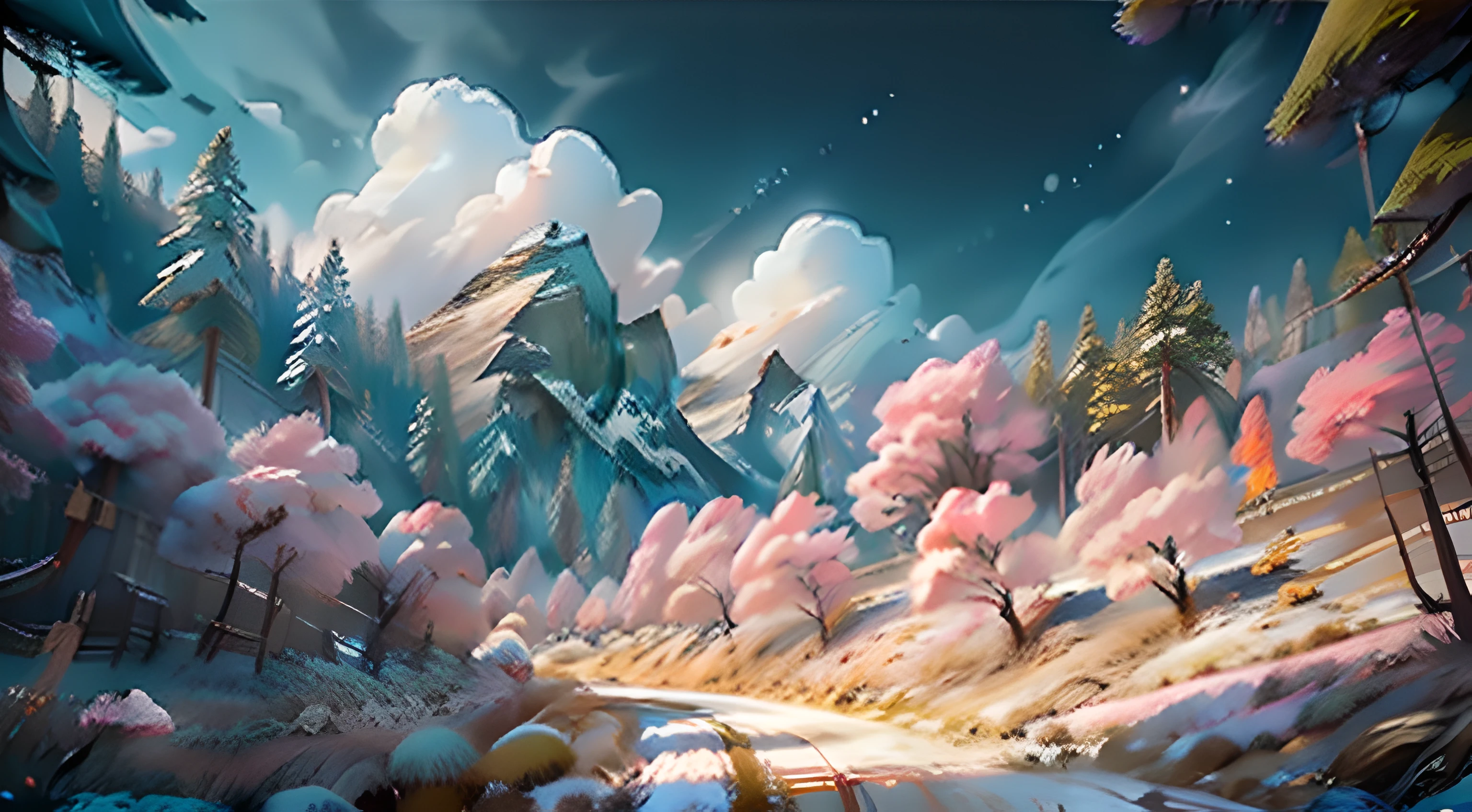 Cherry blossom forest,Roads and streets paved with flower petals,Snow-capped mountains in the distance,During the day, there are large white clouds floating in the blue sky,The picture is bright and beautiful,Full of particle light and shadow,Exquisite and delicate,Picture quality HD 4K。