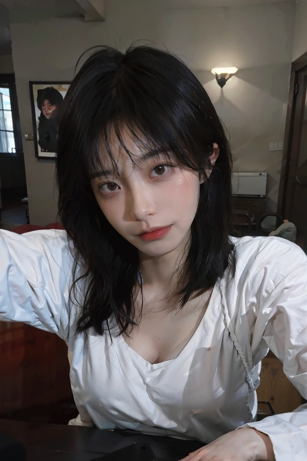 8K,best qualtiy,tmasterpiece,超高分辨率,(真实感:1.4),RAW photogr,(True skin texture:1.3),(filmgrain:1.3),(Selfie angle),1个Giant Breast Girl,Beautiful eye and face details,tmasterpiece,Best quality at best,closeup cleavage,The upper part of the body,Cosy home