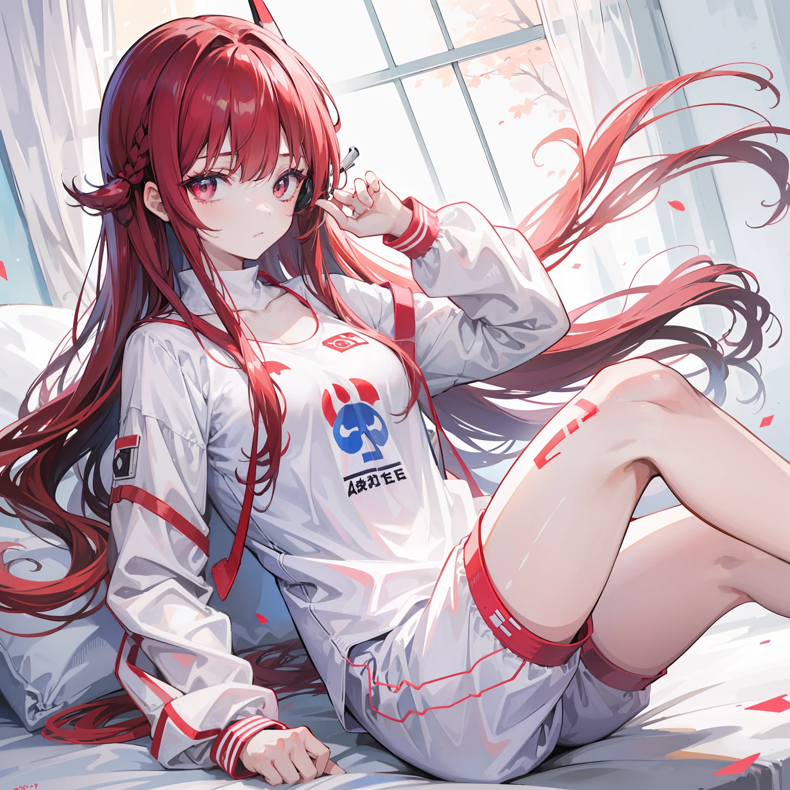 teens girl,White one-piece pajamas,technologies,Red left eye,The right eye is blue,self-assured,sci-fy,brunette color hair,full bodyesbian,sci-fy,long whitr hair,Sideways,Technologie,Bare legged,No socks