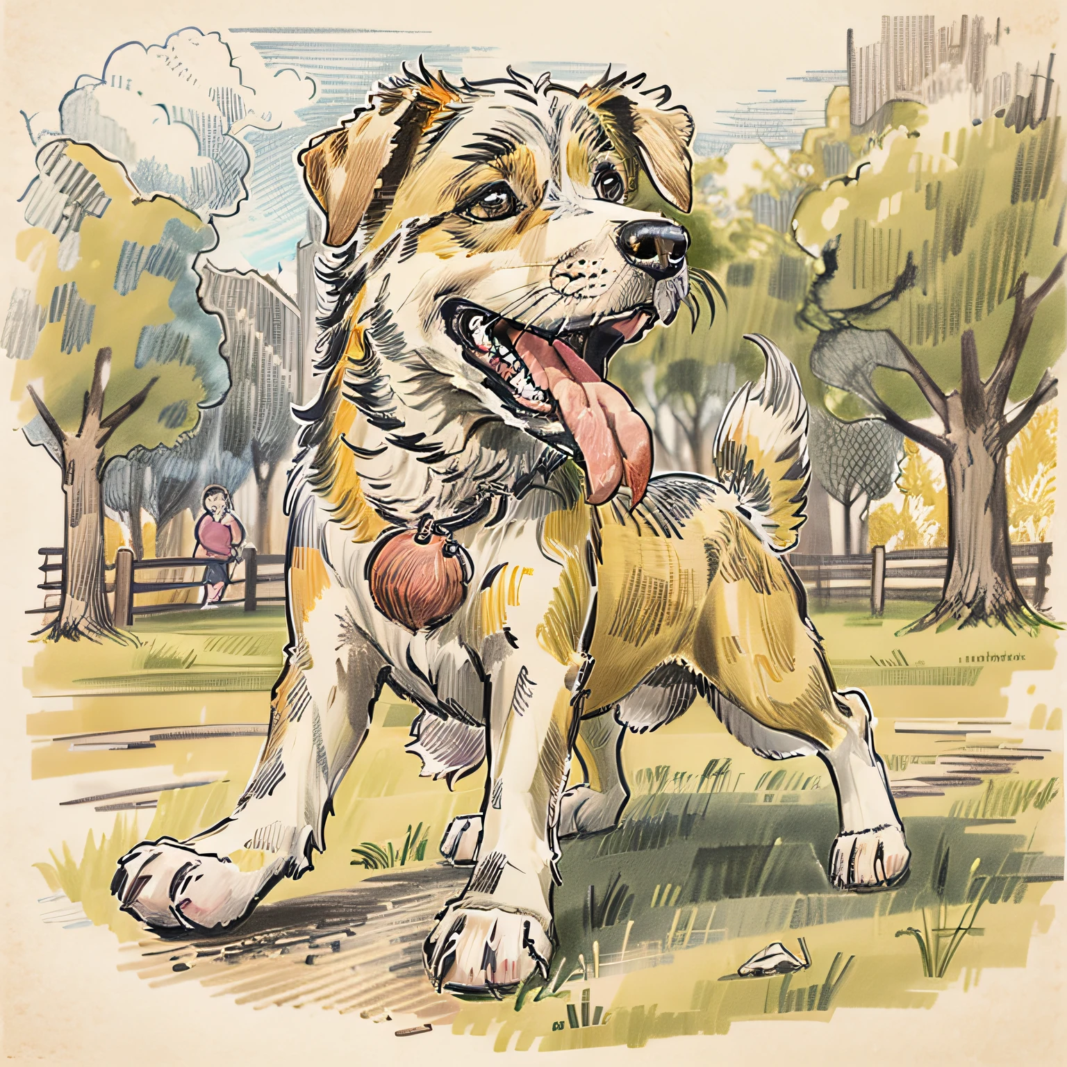 Cartoon Design, estilo pencil sketch, coloreado a mano en diversos tonos, representando a un cachorro de raza jugando feliz en un parque.