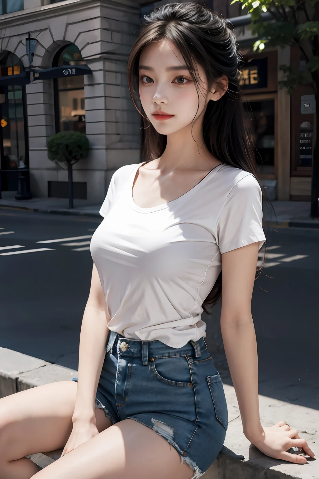 best qualtiy，tmasterpiece，超高分辨率，（Realistis：1.4），RAW photogr，1个Giant Breast Girl，long whitr hair，Light makeup，cparted lips，tiny ears，White T-shirt，denim short，Slim，realisticlying，at the street side