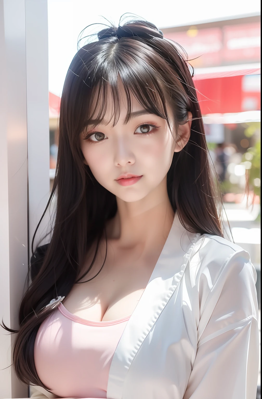 Close up portrait of long-haired woman in jacket, a japanese girl, beautiful japanese female, girl cute-fine-face, Beautiful young Japan woman, Beautiful Japan girl, Gorgeous young Japan woman, Young adorable Japan face, ulzzangs, the face of a beautiful Japanese girl, Cute natural real face, with long hair and piercing eyes, Real life real girls、huge tit、looking happy smile、shopping mall、