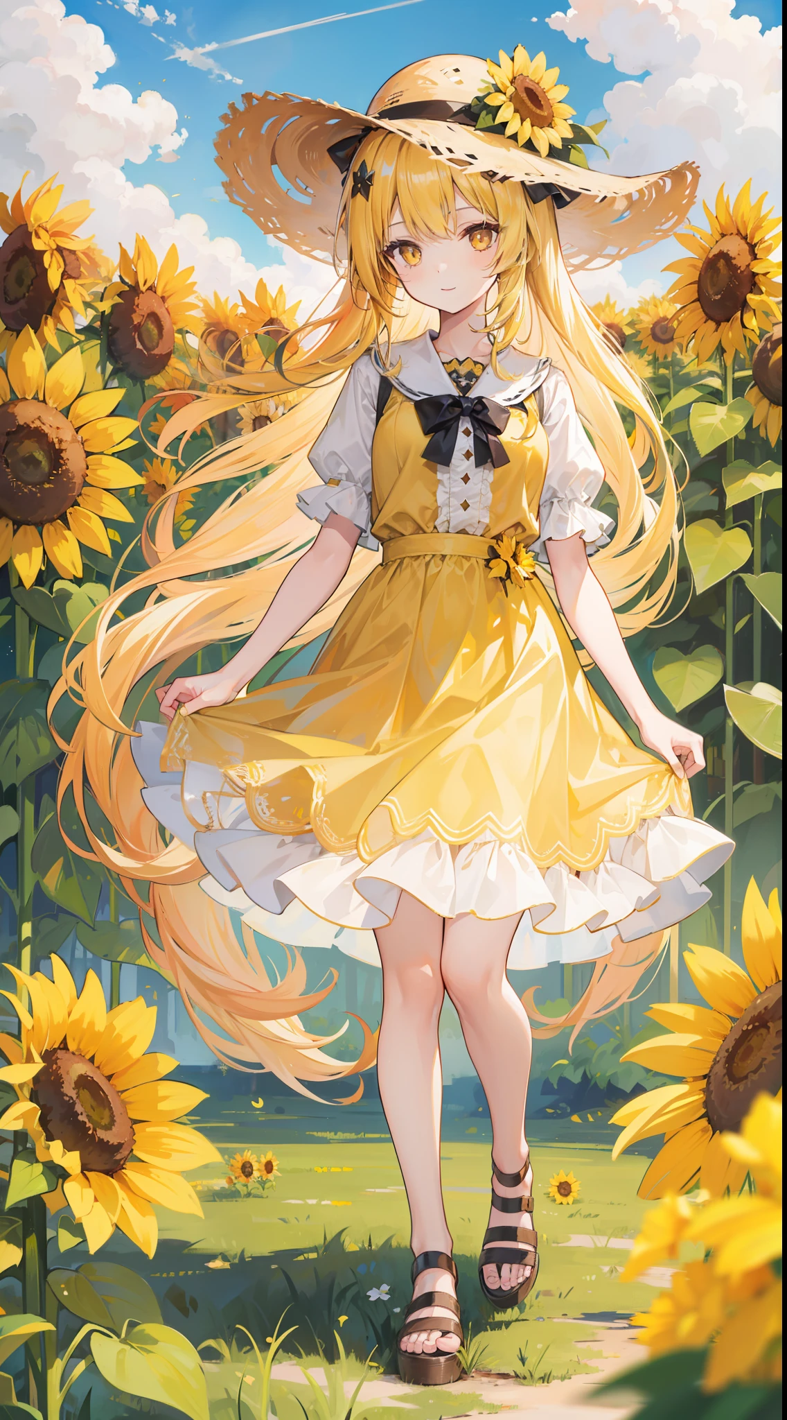 1girl,Sun hat,Sunflower hair ornament,Medium-long yellow hair,Brown pupils,,Yellow strap skirt,ssmile,Full body like,stand, white backgrounid