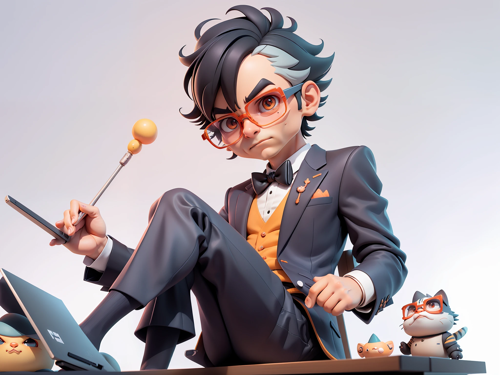 A young man in formal clothes，Short hair and glasses，Sitting at your desk，holding laptop，digitial painting，cartoonish style，4K HD illustration，Very detailed facial features，tigre，Mark Clairdon，by Pixar，3D character design：Hayao Miyazaki and Akira Toriyama, Cartoon-style visuals。