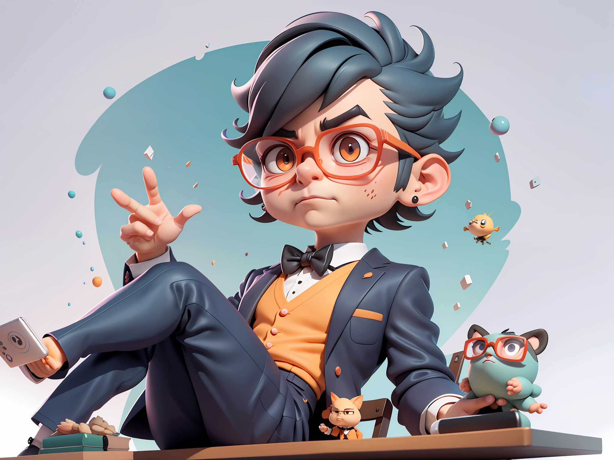 A young man in formal clothes，Short hair and glasses，Sitting at your desk，holding laptop，digitial painting，cartoonish style，4K HD illustration，Very detailed facial features，tigre，Mark Clairdon，by Pixar，3D character design：Hayao Miyazaki and Akira Toriyama, Cartoon-style visuals。