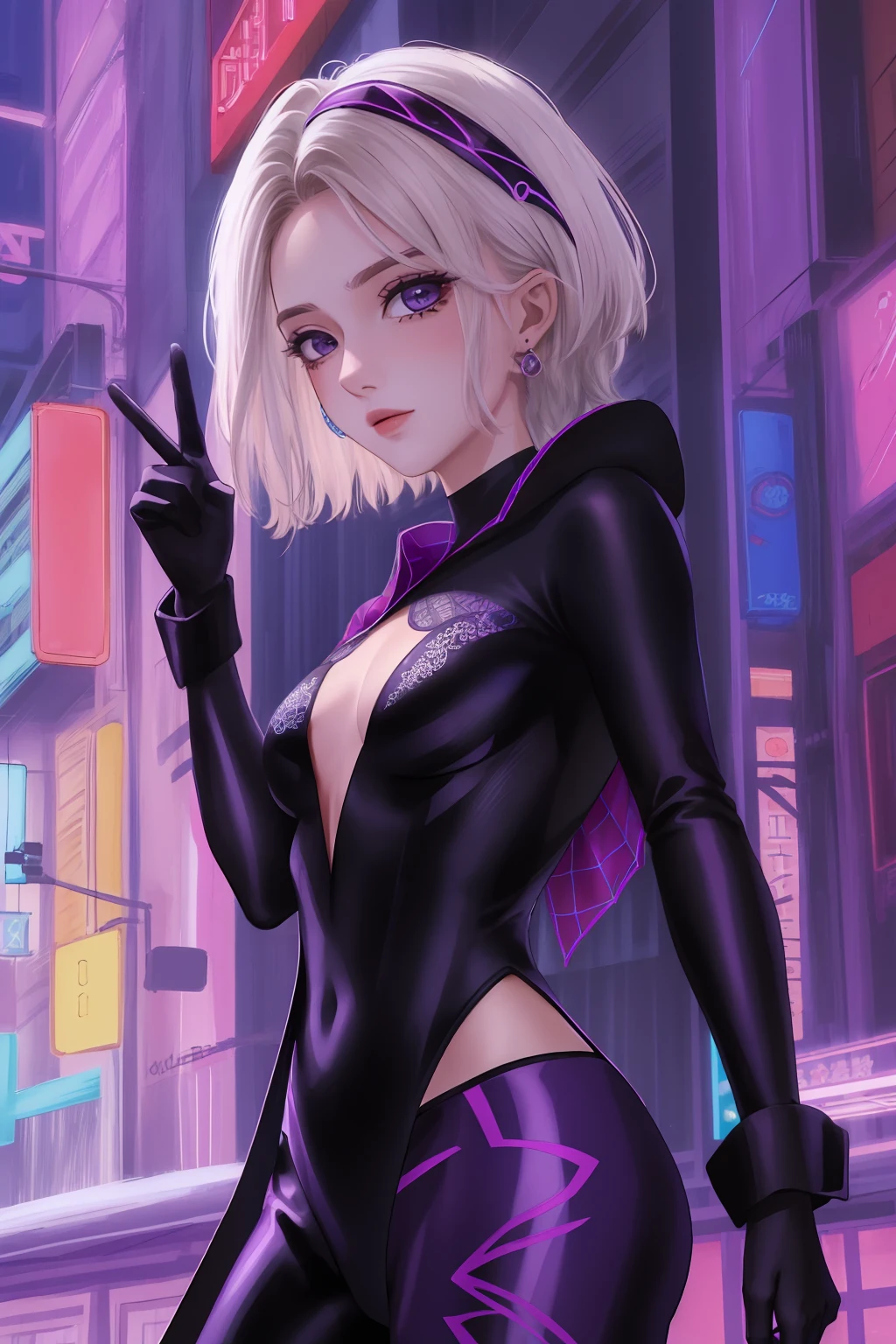 (obra-prima, melhor qualidade), detalhes intrincados,
1girl, Mulher Aranha, traje preto com detalhes roxos e brancos, Eyes on mask with neon purple details, traje cyberpunk, Superhero, cabelo loiro