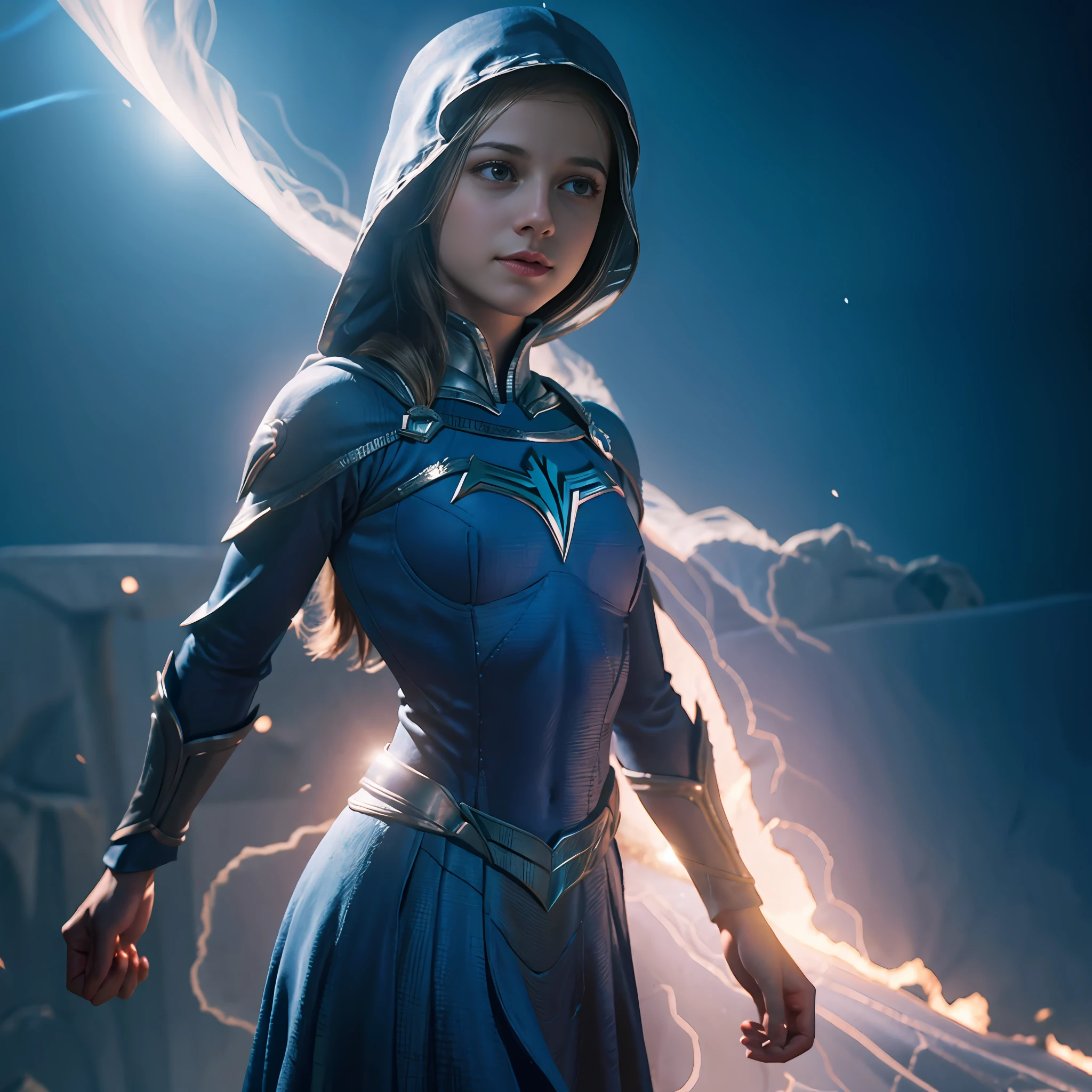 Melissa Benoist super-menina, corpo magra extremamente detalhista, ((peito pequeno)), astral projection, voo, armadura preto prata e uma capa de Prata