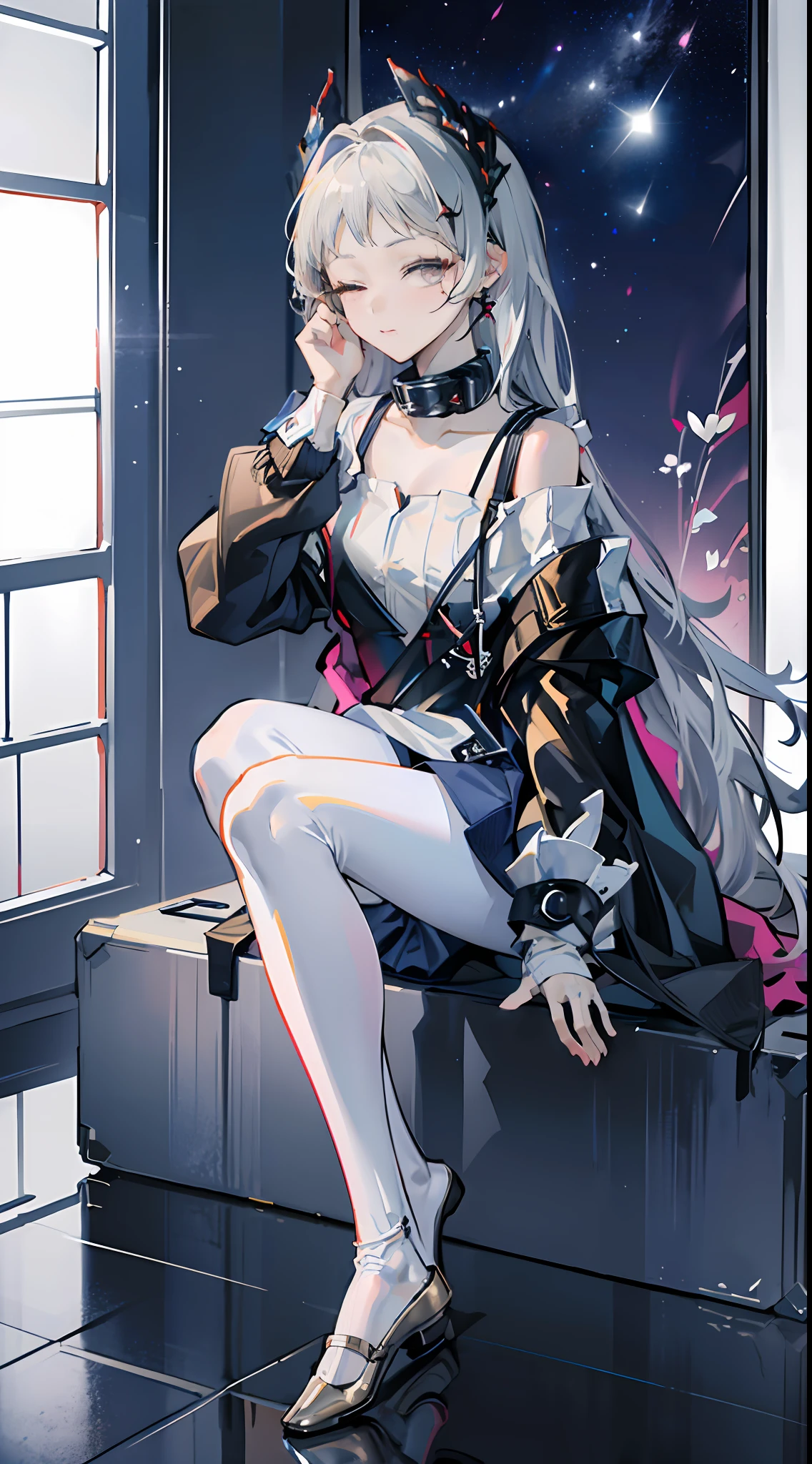 Ark of Tomorrow,one-girl,off-shoulder sweater, backless outfit,Starry sky,clusters of stars,Ray tracing,{Best quality}, {{Masterpiece}}, {A high resolution}, Original, Extremely detailed 8k wallpaper, {An extremely delicate and beautiful},,incredibly_absurderes,Colorful,intricately details,art book,,incredibly_absurderes,Ray tracing,Perspective,Wide shot,Overall view,,A high resolution,Game CG,short_Hair,cat_hor ears,White_Hair/White_Eyes,Detail fingers,Hands in hair,pigeon-toed,Pout,Blush,Eyes visible through hair,off-shoulder sweater,White_wind coat,Superskirt,White pantyhose,White cat ears,(((long white hair))),White tail,reaching out her hands,W cut sitting position,(((a black trench coat))),(((Blue sailor collar))),Blue pupil,Black hairpin,Post-industrial buildings,4K,Master picture quality,Texture,Ark of tomorrow style,On the ground lay the West Sword,eventide,Blood-red sunlight,Black backpack,((((Short blue skirt)))),((((White tights)))),black sneaker shoes,full bodyesbian,long and flowing hair,Smiling,Squint,The ultimate in facial depiction,The ultimate body depiction,The ultimate hair depiction ,There are lanterns on the ground,is shy,in a panoramic view,The ultimate scenario description,Pout,Beautiful_face,Beautiful detailed eyes,One eye is white,One eye closed ,Earphone,Beautiful detailed sky,reflective light,Ray tracing,Sunlight,(Maid dress),Sailor dress,Sleeves,beautiful detailed water,Beautiful detailed sky,god light,depth of fields,Normal body,Normal posture,Front view,Absolutely good light and shadow,Detailed sky,baiyun,the sunset,(((城市,starlights,rios,darkly))).{Best quality}, {{Masterpiece}}, {A high resolution}, Original, Extremely detailed 8k wallpaper, {An extremely delicate and beautiful},,Ray ,{Best quality}, {{Masterpiece}}, {A high resolution}, Original, Extremely detailed 8k wallpaper, {An extremely delicate and beautiful},,incredibly_absurderes,Colorful,intricately details,art book,,Overall view,,Depth of field,snowfield,leg loops,Clear