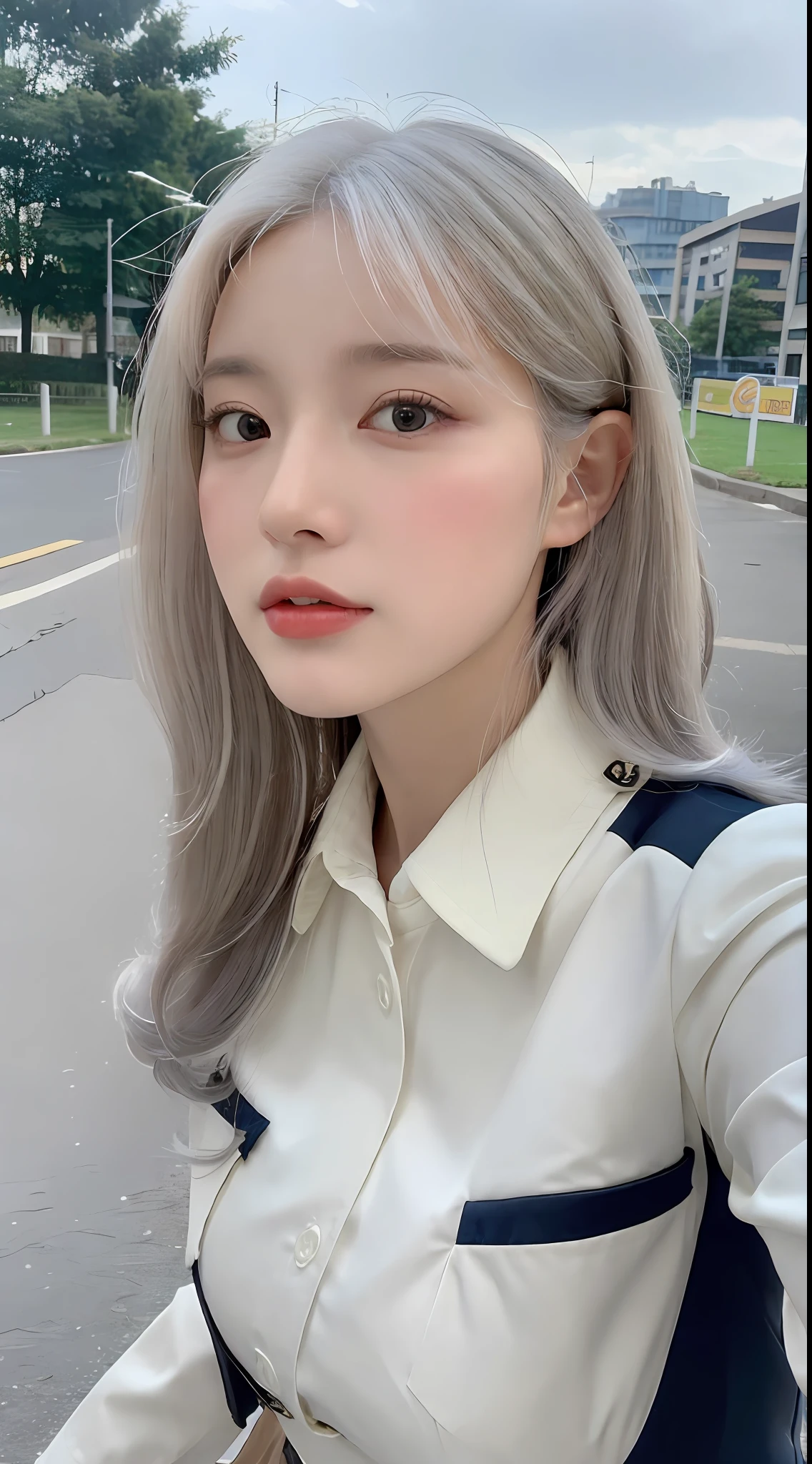 ((Realistic lighting, Best Quality, 8K, Masterpiece: 1.3)), Clear focus: 1.2, 1girl, Perfect Body Beauty: 1.4, Slim Abs: 1.1, ((White Hair, Milk: 1.3)), Imperial Sister Pose, (Outdoor, Daytime: 1.1), City Street, Super Fine Face, Fine Eyes, Double Eyelids, Curly Hair, Fair Skin, JK Uniform