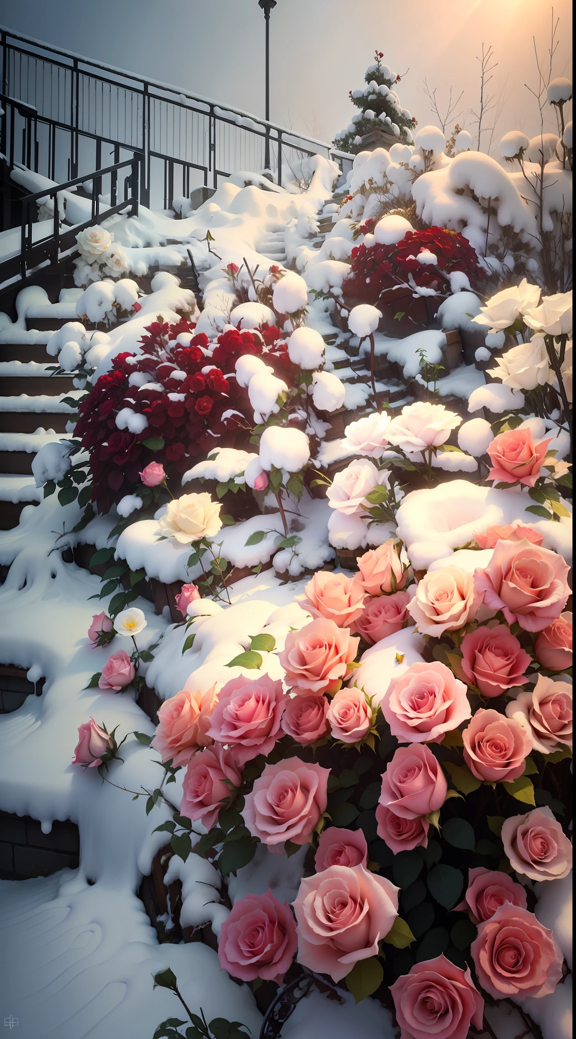 Flowers grow on the snowy staircase, beautiful aesthetic, with frozen flowers around her, Beautiful and aesthetic, red roses at the top, rosses, rosette, Rose garden, maxim sukharev, Rose tones, roses in cinematic light, with soft bushes, february), Beautiful flowers, beautiful flowers growing, a few roses, beautiful aesthetic design
