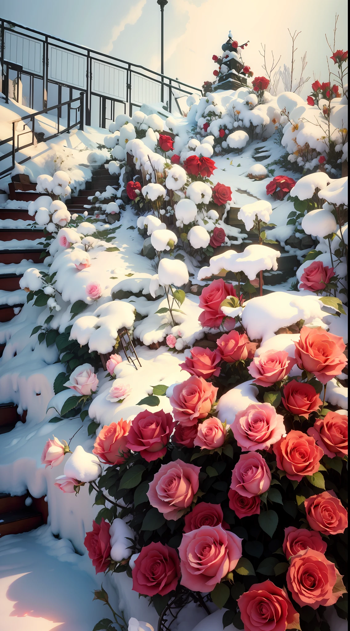 Flowers grow on the snowy staircase, beautiful aesthetic, with frozen flowers around her, Beautiful and aesthetic, red roses at the top, rosses, rosette, Rose garden, maxim sukharev, Rose tones, roses in cinematic light, with soft bushes, february), Beautiful flowers, beautiful flowers growing, a few roses, beautiful aesthetic design