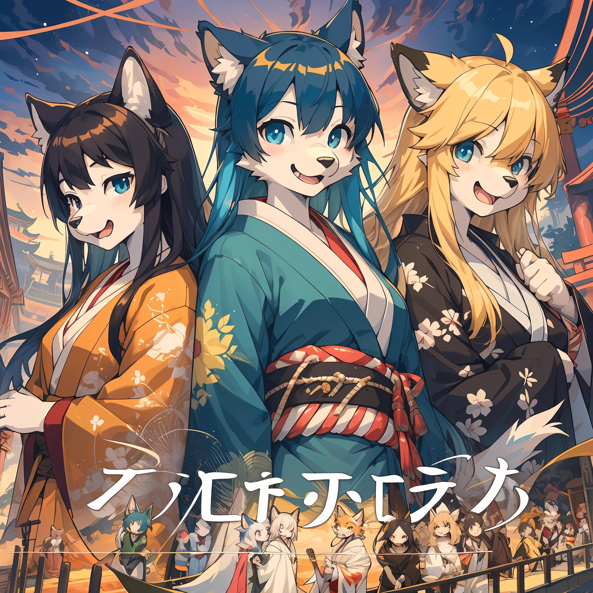 dynamic angle, top quality, best quality, High-quality illustrations, masterpiece, super high resolution, detailed background, detailed background, Stylish CD jacket, Japanese rock band, torii gate, group shot:0.1, 6+boys, 6+girls, Happy, joyful, absurdres(highly detailed beautiful face and eyes)perfect anatomy(kemono, furry anthro),