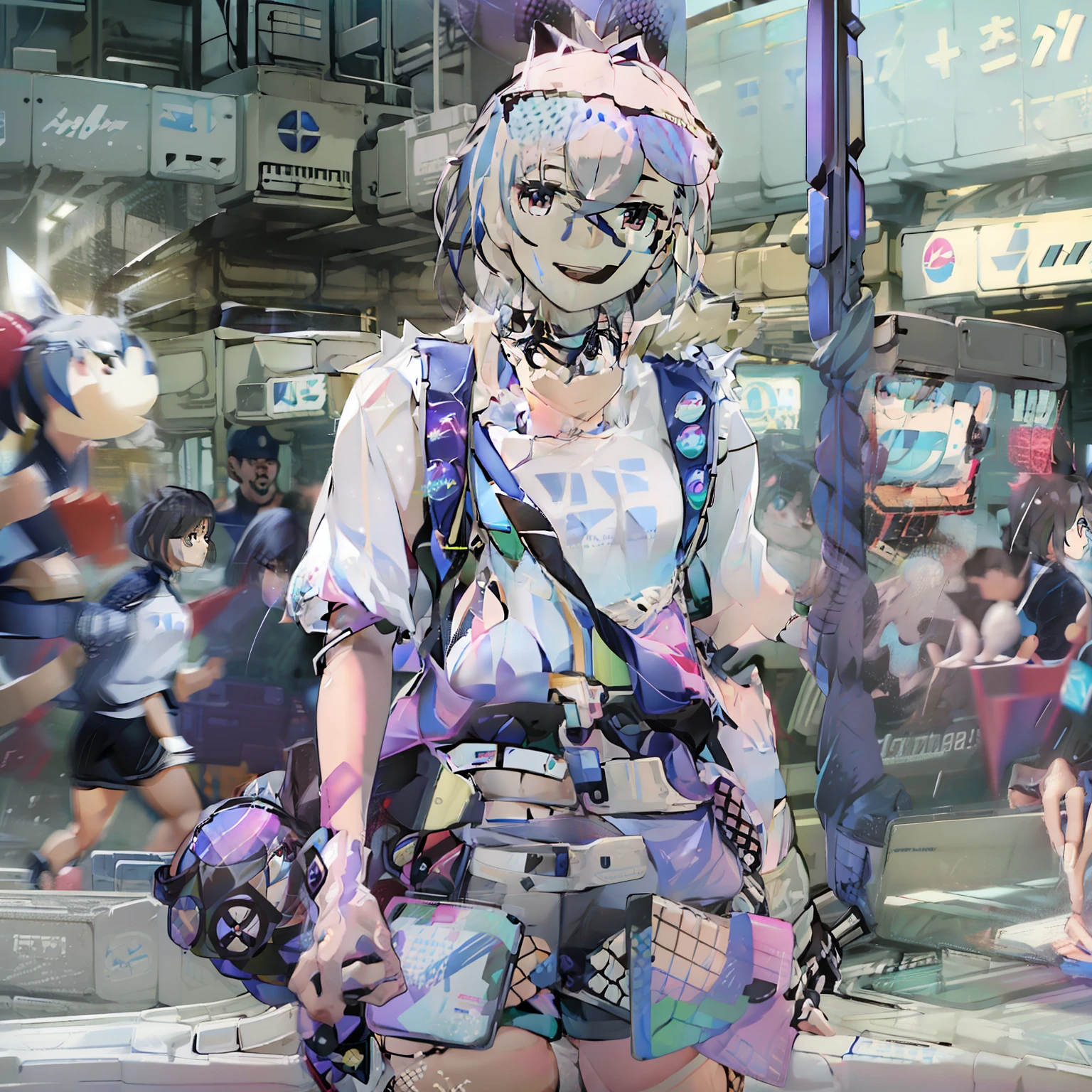 Beautiful woman medium hair、hated、cyberpunked、a short bob、a blond、White Summer Knitted Cap、 odd eye、blue right eye、Green left eye、Blue Leather Vest、Long white T-shirt、White Cargo Pants、Black Engineer Boots、head phone、Carried a sword on his back Japan、Sprint、In front of Shibuya Station、natta、Well-formed fingertips of both hands、Full body like、Colossal tits、A smile、Extend your left hand to us