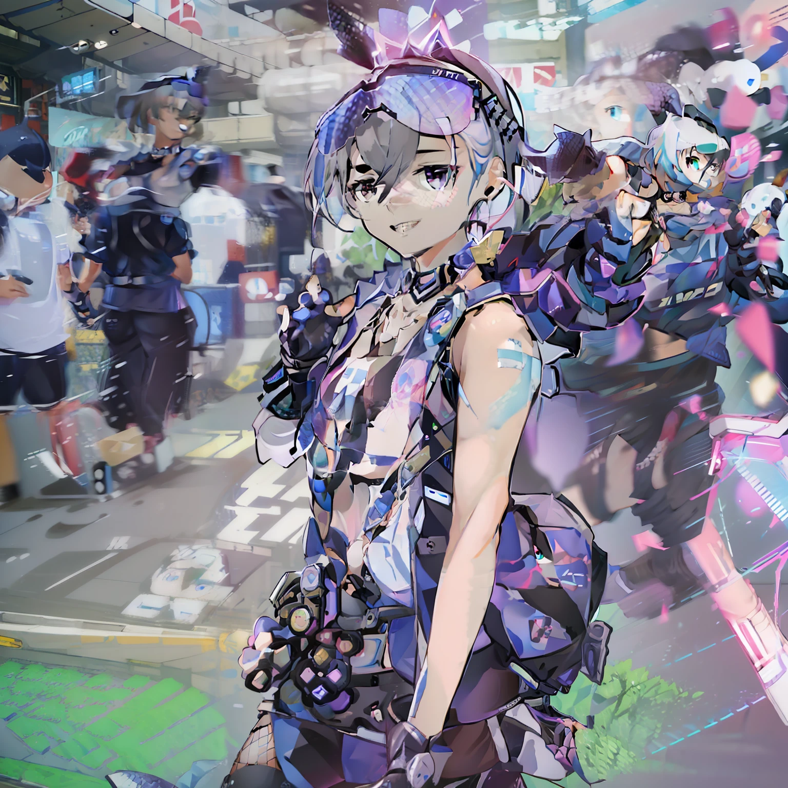 Beautiful woman medium hair、hated、cyberpunked、a short bob、a blond、White Summer Knitted Cap、 odd eye、blue  right eye、Green left eye、Blue Leather Vest、Long white T-shirt、White Cargo Pants、Black Engineer Boots、head phone、Carried a sword on his back Japan、Sprint、In front of Shibuya Station、natta、Well-formed fingertips of both hands、Full body like、Colossal tits、A smile、Extend your left hand to us