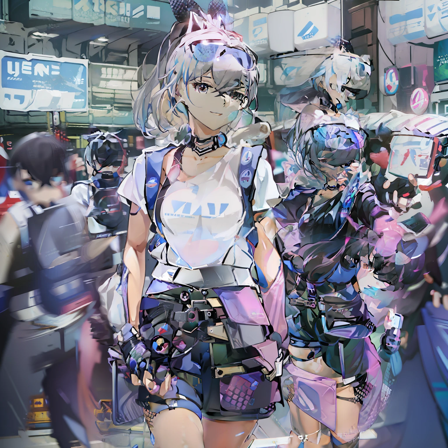 Beautiful woman medium hair、hated、cyberpunked、a short bob、a blond、White Summer Knitted Cap、 odd eye、blue right eye、Green left eye、Blue Leather Vest、Long white T-shirt、White Cargo Pants、Black Engineer Boots、head phone、Carried a sword on his back Japan、Sprint、In front of Shibuya Station、natta、Well-formed fingertips of both hands、Full body like、Colossal tits、A smile、Extend your left hand to us
